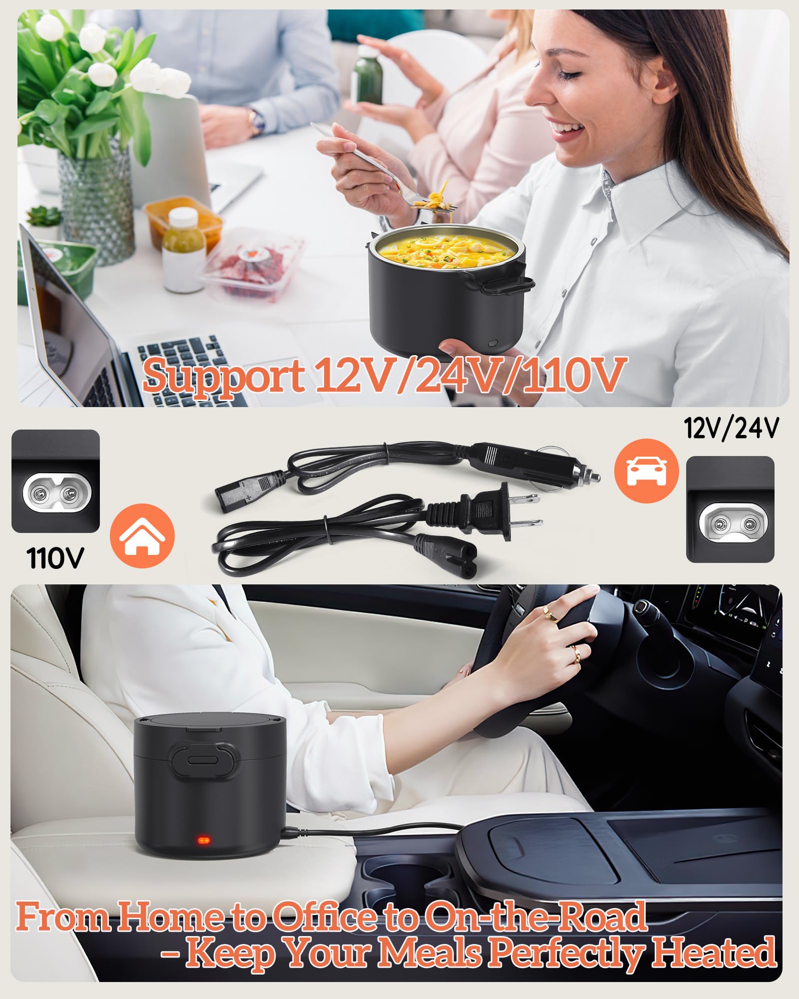 Lonchera eléctrica, calentador de alimentos portátil de 33 onzas, calentamiento rápido de 100 W y acero inoxidable 304 a prueba de fugas, 3 en 1 (automóvil 12 V/24 V y hogar 110 V) | Perfecto para 6