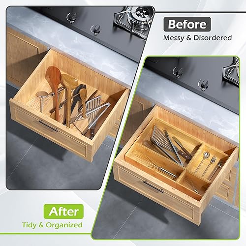 Miniatura 4 de Greatseas Bandejas organizadoras de cajones de baño, organizador de cajones de bambú, organizador de utensilios de cocina, organizador de cubiertos,