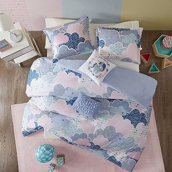 Intelligent Design Kids Twin 100% Cotton Duvet Set, Vibrant Fun and Playful Unicorn Print Down Alternative All Season Children Bedding-Set, Girls Bedroom Décor, Cloud Blue with 2 dec pillows