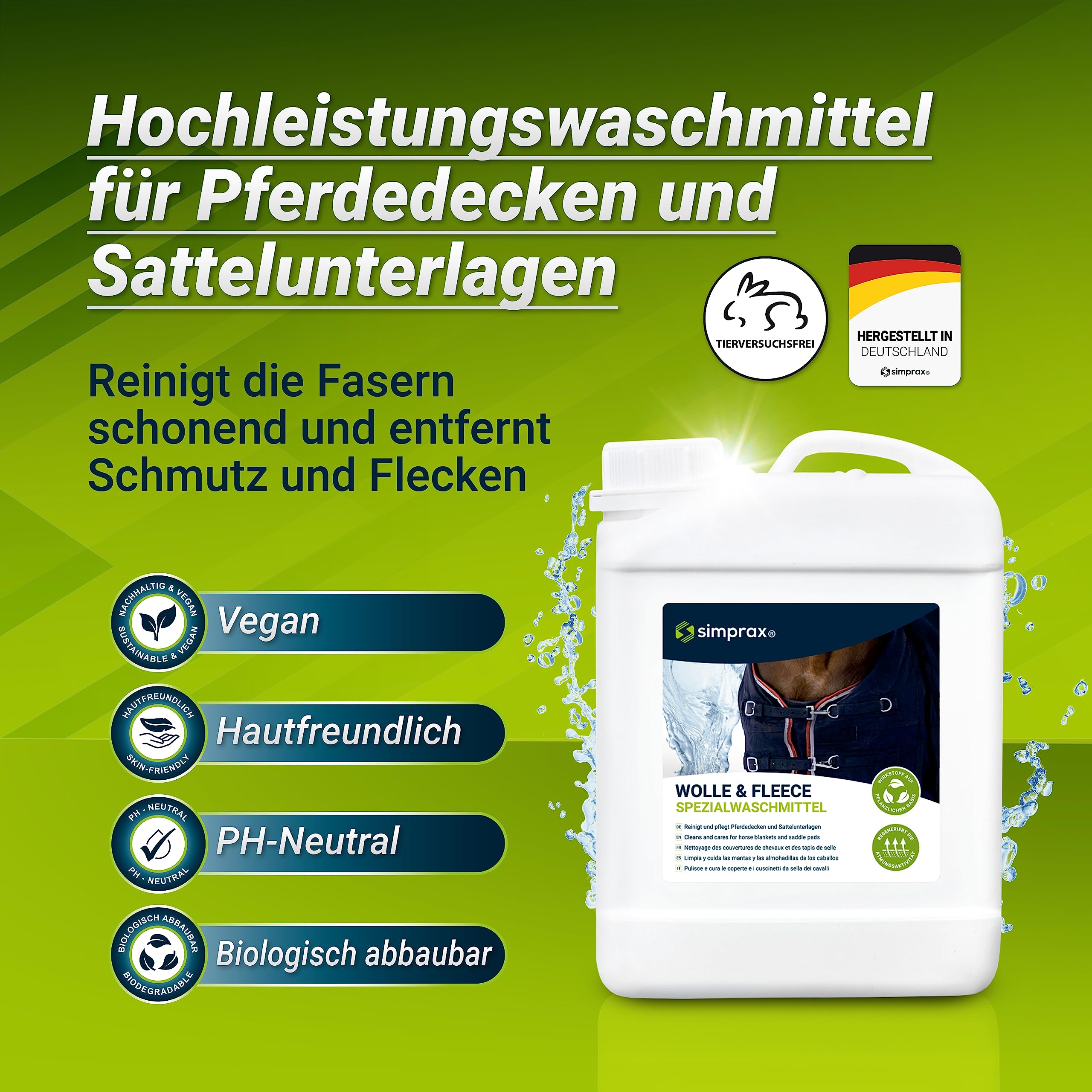 Pferdedecken Waschmittel als Vorbereitung für wirkungsvolle Imprägnierung I erneuert Atmungsaktivität, Effektiv gegen Schmutz für Sattelunterlagen, Synthetik & Baumwollendecken, OEKO