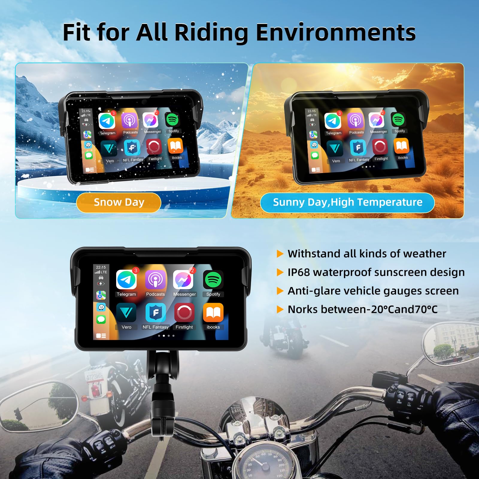 Schermo Carplay Portatile per Moto, Carplay Wireless e Android Auto per Moto, Schermo Touchscreen Impermeabile IP68 da 5 Pollici per Moto, Supporto GPS, Mirror Link, Bluetooth, Porta TF