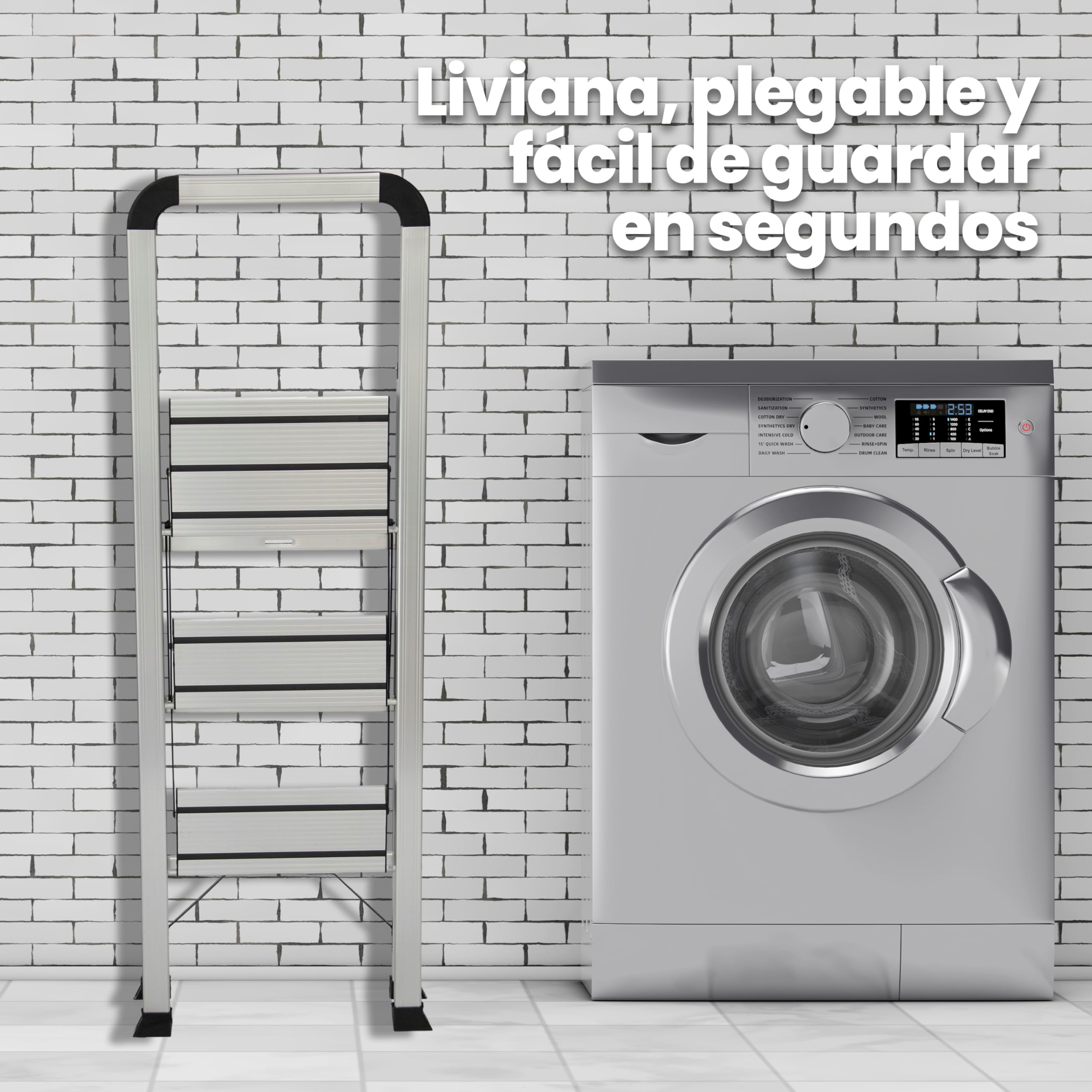 UZIRO Escalera 3 Peldaños, Escaleras Plegables de Aluminio Liviana, Decorativa, Peldaños Anchos Antideslizantes, Mecanismo Antiplegado, Compacta, Fácil de Guardar (3 Peldaños)