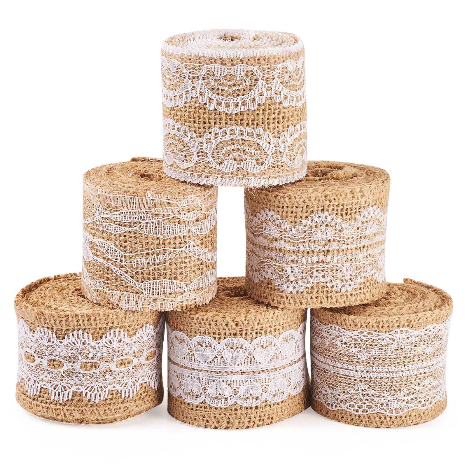 6 Rolls Burlap Ribbon Lace Roll Natural Jute Burlap Lace Ribbon with White Lace Trims Tape for DIY Crafts Wedding Party Gifts Wrapping Holiday Rustic