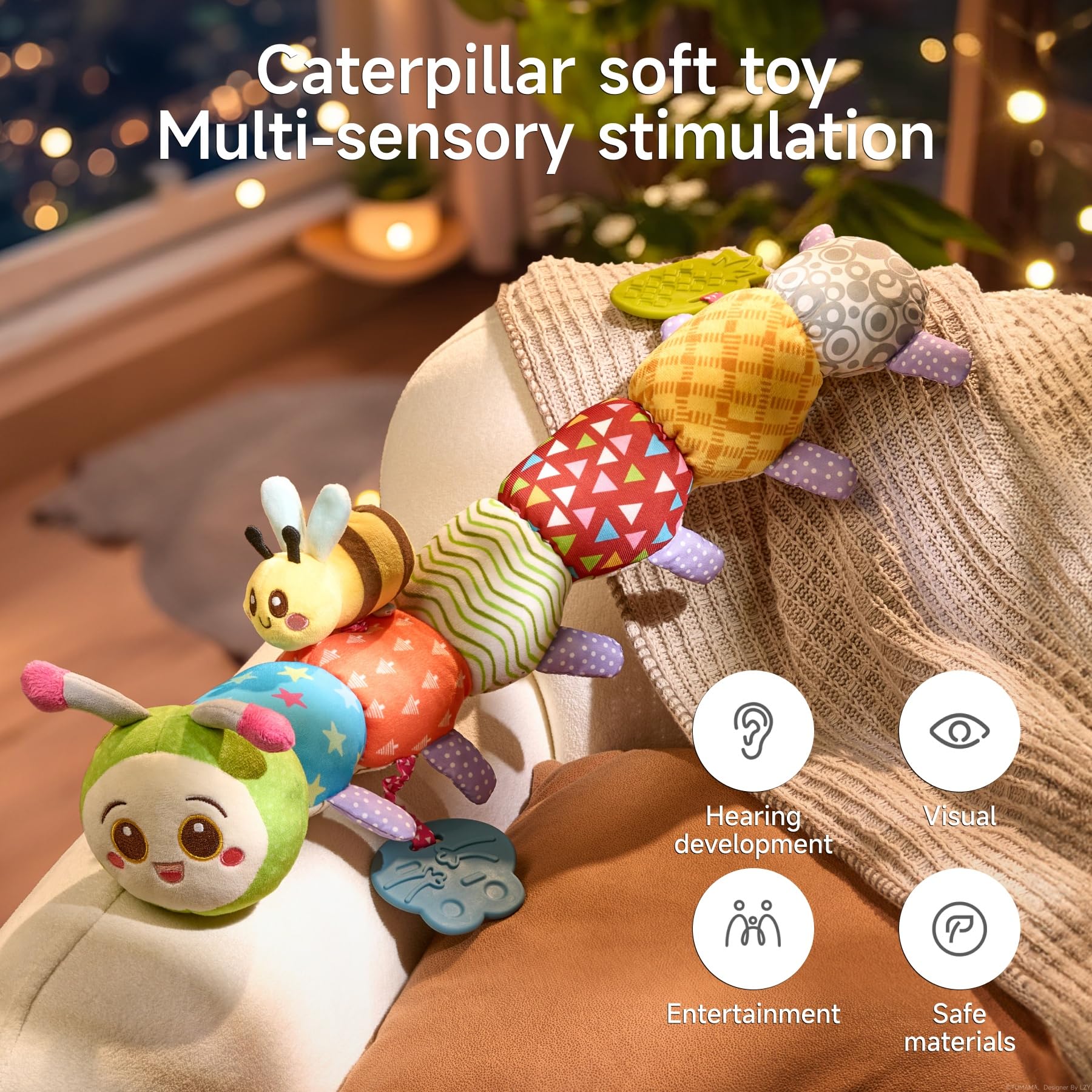 TUMAMA KIDS Colourful caterpillar baby toy with rattles, crackles, squeakers and teething rings - Image 2