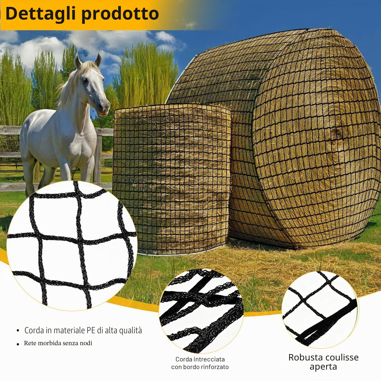 Rete per Cavalli, 5x5FT Stabile e Resistente all'Usura Rete da Fieno per Balle Rotonde per Cavalli,Rete da Fieno a Maglia Stretta,Prolungamento dei Tempi di Alimentazione(Larghezza Maglie 4,5x4,5cm)