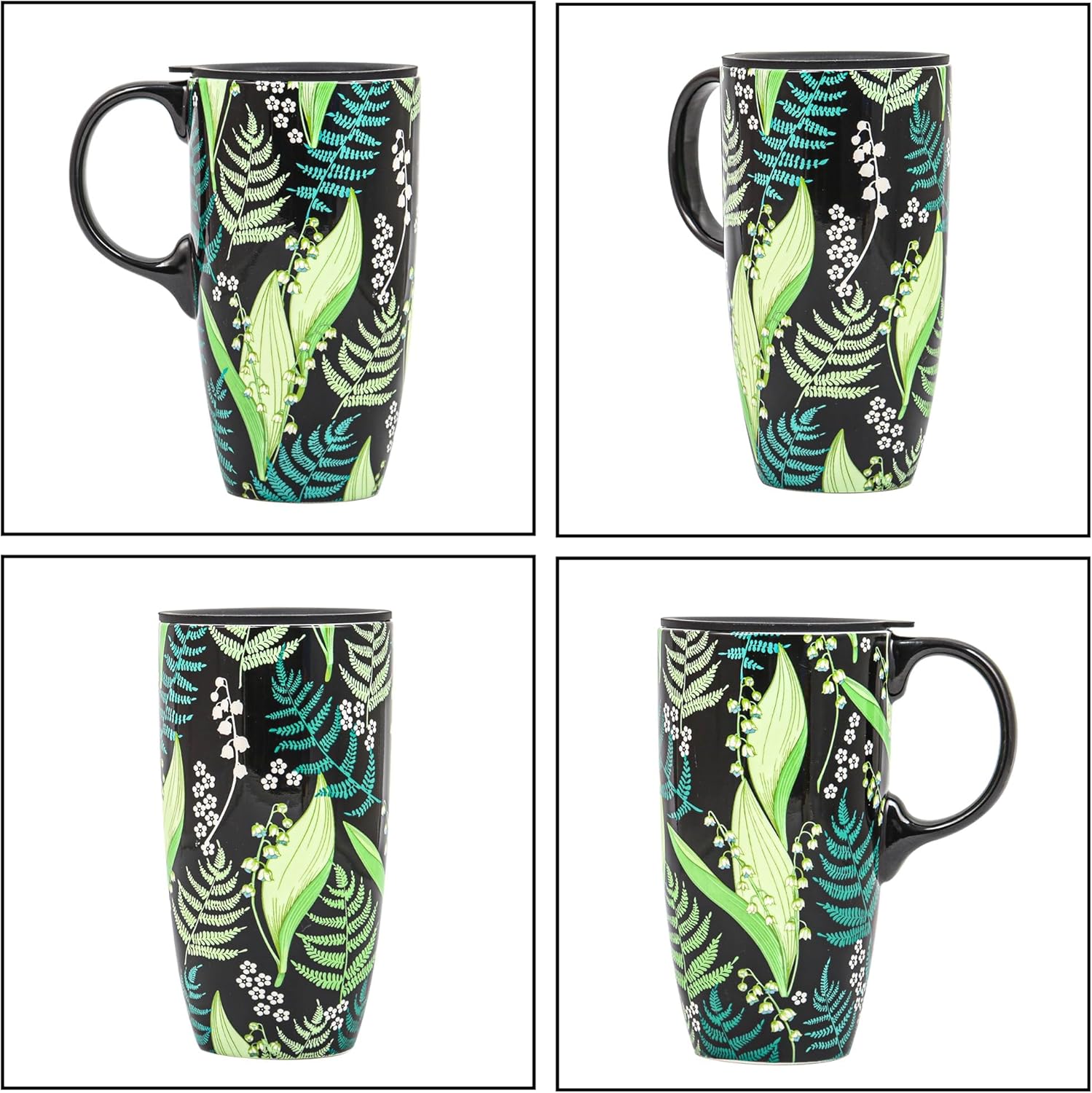 Ceramic Mug Travel Coffee Cup with Lid for Home & Office, 17oz Porcelain Tall Tea Cup with Handle, Green Leaves Art Pattern in Color Box, 6.5" H - Image 8