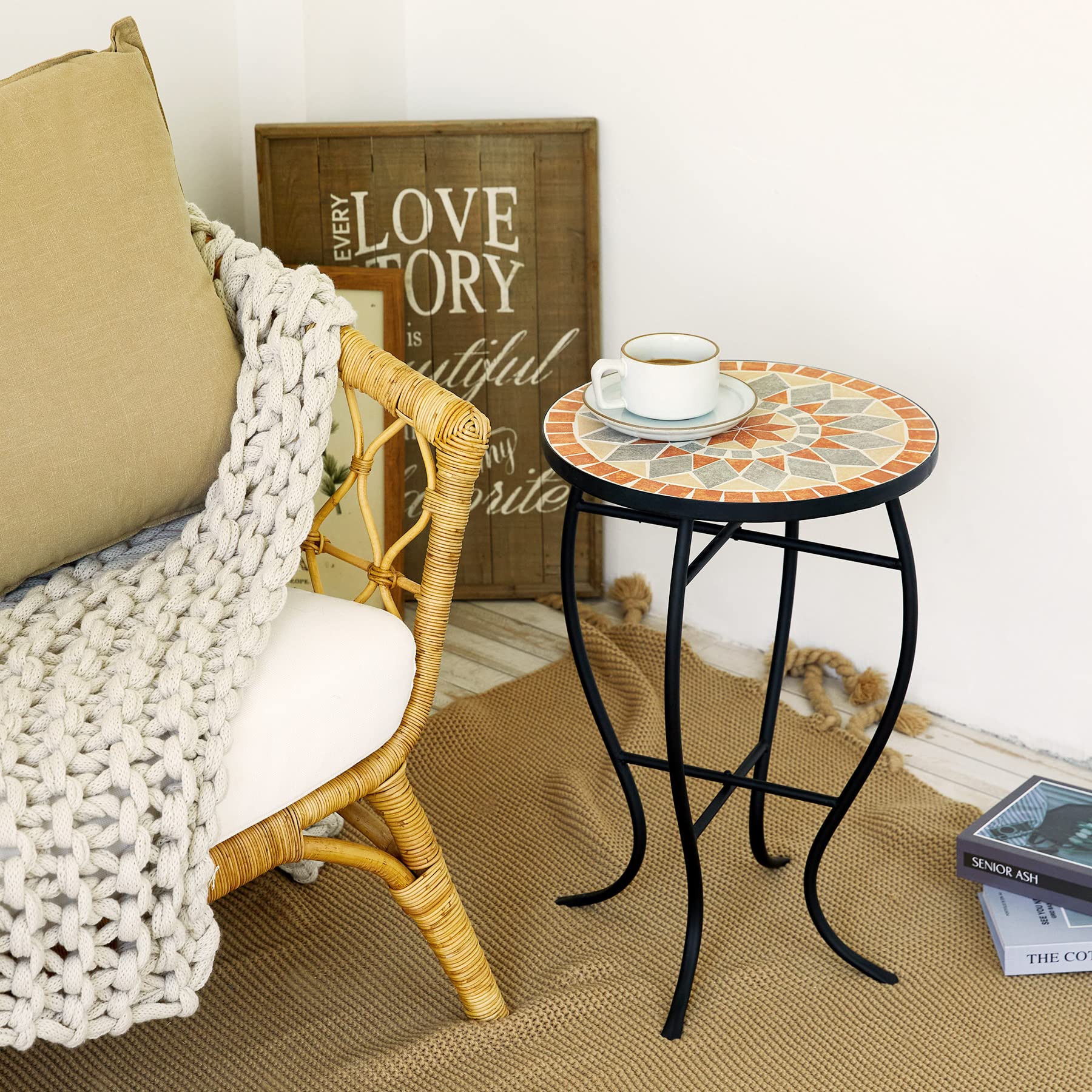 VONLUCE Mosaic Side Table and Plant Stand, 21" Round End Table with 14" Ceramic Tile Top, Indoor and Outdoor Accent Table, Porch Patio Furniture, Entryway & Coffee Table for Home & Garden, Quilt Star