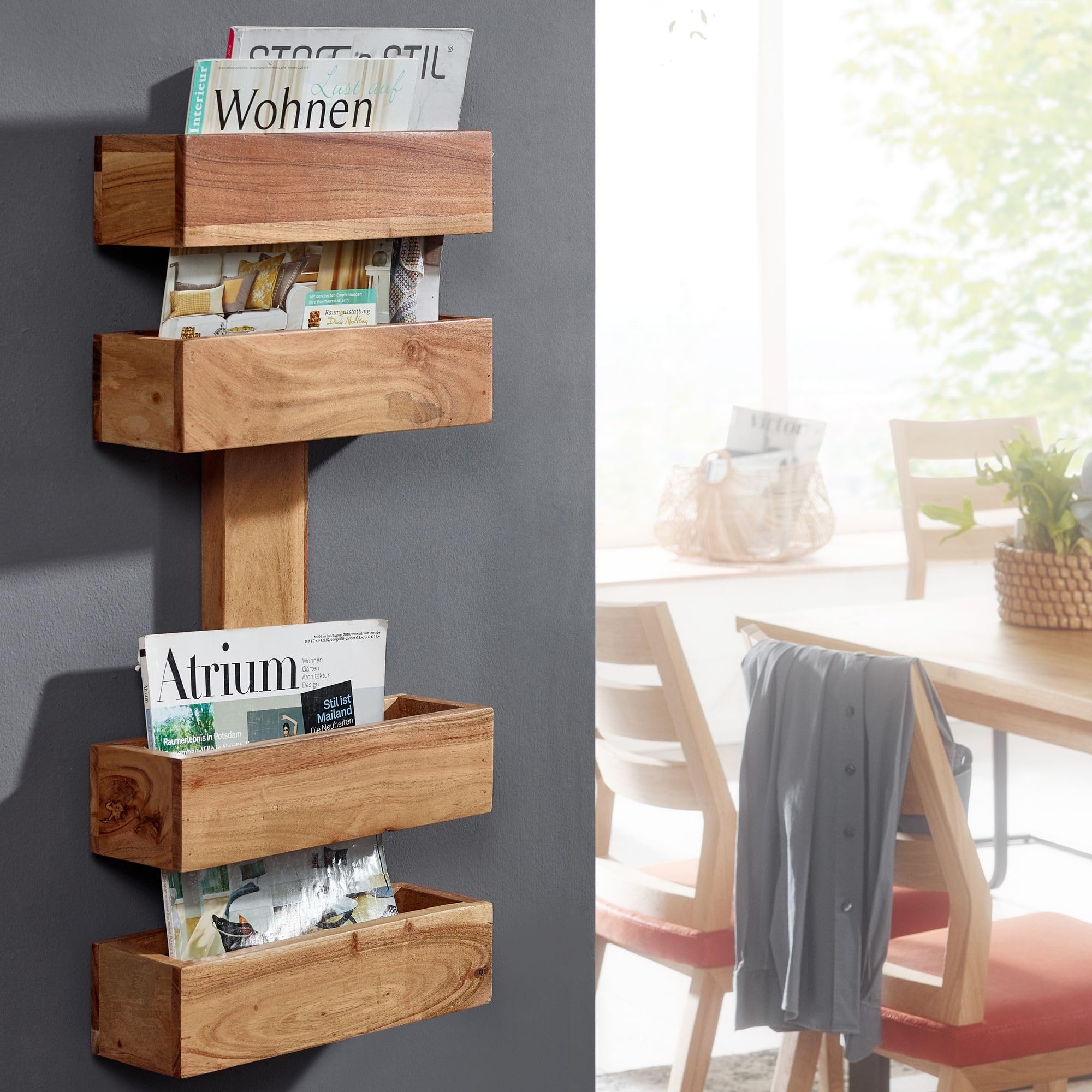 WOHNLING Zeitungsständer feuillus Acacia 2 magasins de Stockage Design de Stands Brochure Holder Country Style