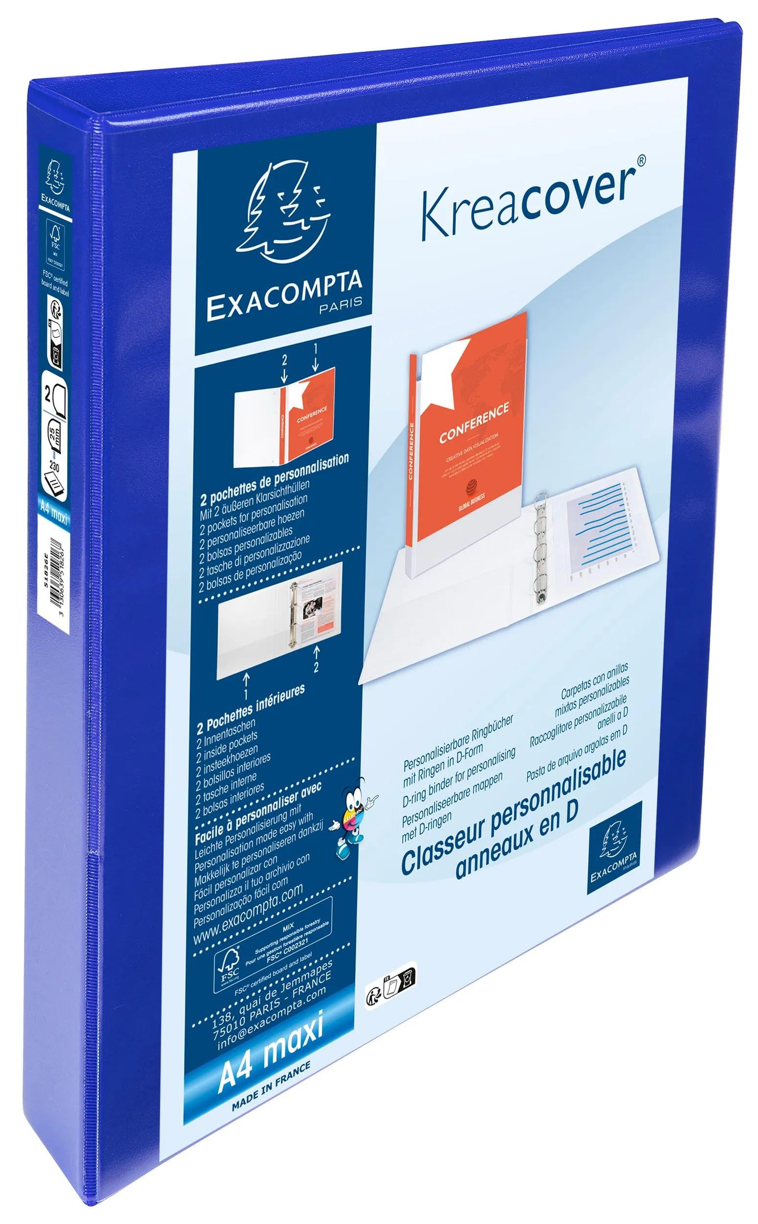 Exacompta - Ref 51826BE - Box of 10 Customisable 3 Pocket Binders - 2 x 25mm D Rings - 47mm Spine - External Dimensions: 32 x 27.8 cm - A4 Maxi File Format - Blue