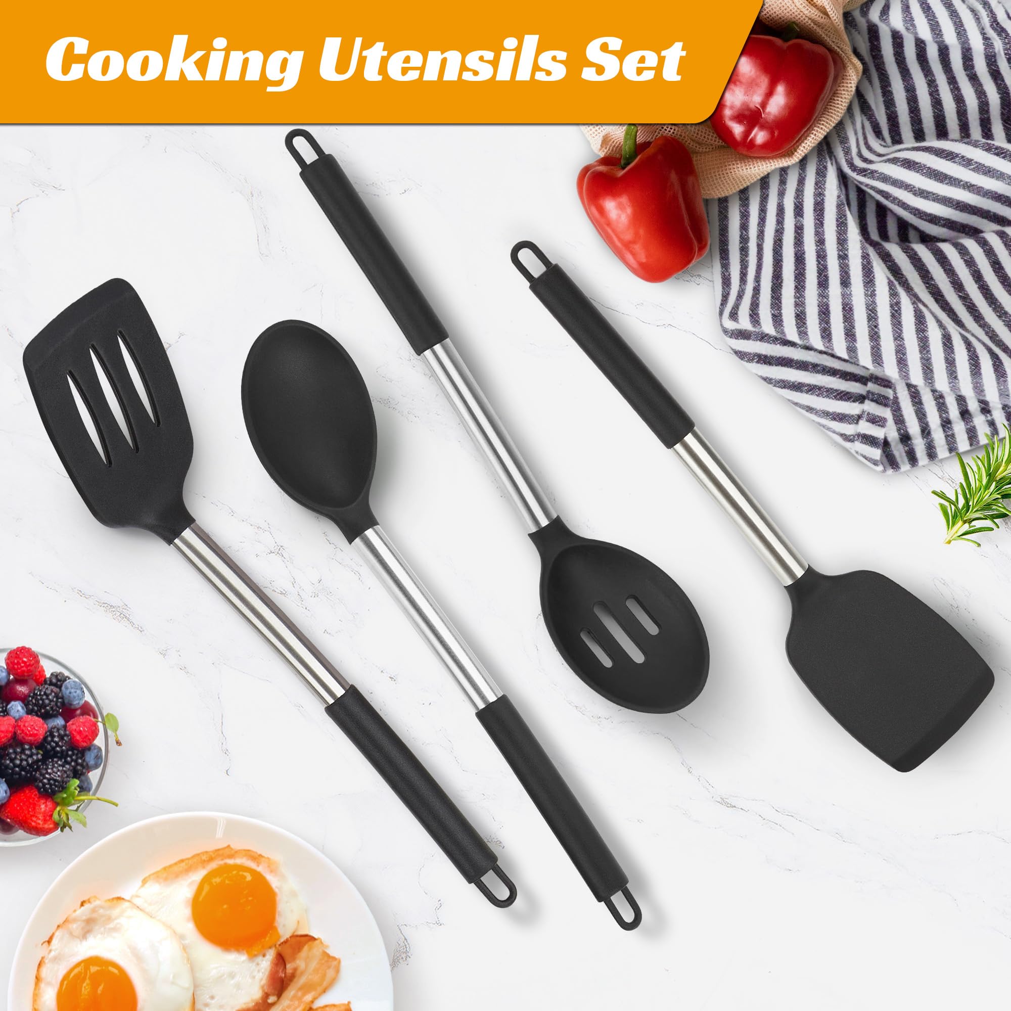 Set di 4 utensili da cucina, set per pentole antiaderenti, perfetti per cuocere e mescolare, set di spatole senza BPA, lavabili in lavastoviglie, nero