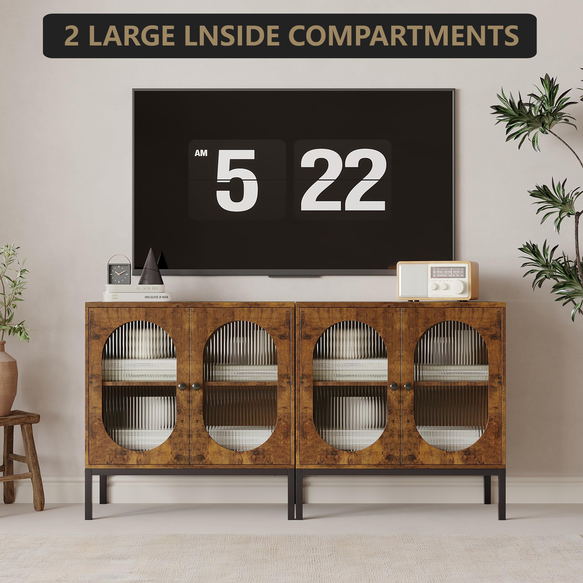 Buffet - Armoire de cuisine avec étagères réglables - Armoire d'appoint avec 2 portes en verre - 80 x 40 x 83 cm - Avec pieds en tube métallique haut - Pour cuisine, salle à manger, salon - Marron