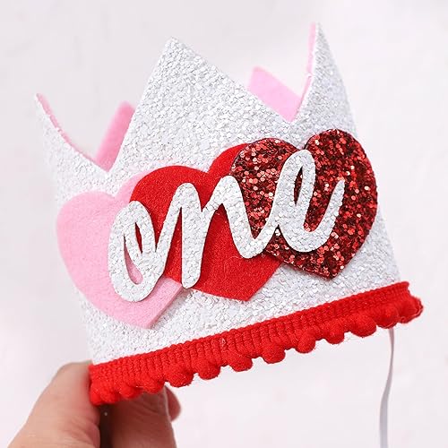 Miniatura 5 de Corona de primer cumpleaños para el día de San Valentín, corona de cumpleaños con corazones rosados y rojos, decoración de primer cumpleaños de San
