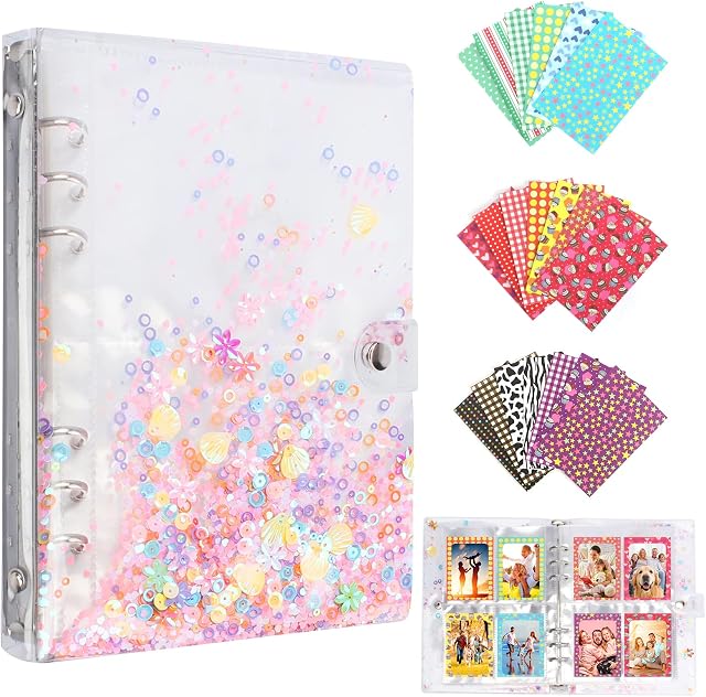 Mini Photo Album Photocard Binder with 200 Pockets, 3 Inch Tansparent Photo Album Cover with 20 Colorful Photo Film Frame Stickers for Fujifilm Instax Mini Film/Kpop Photocards/Polaroid Instax Mini