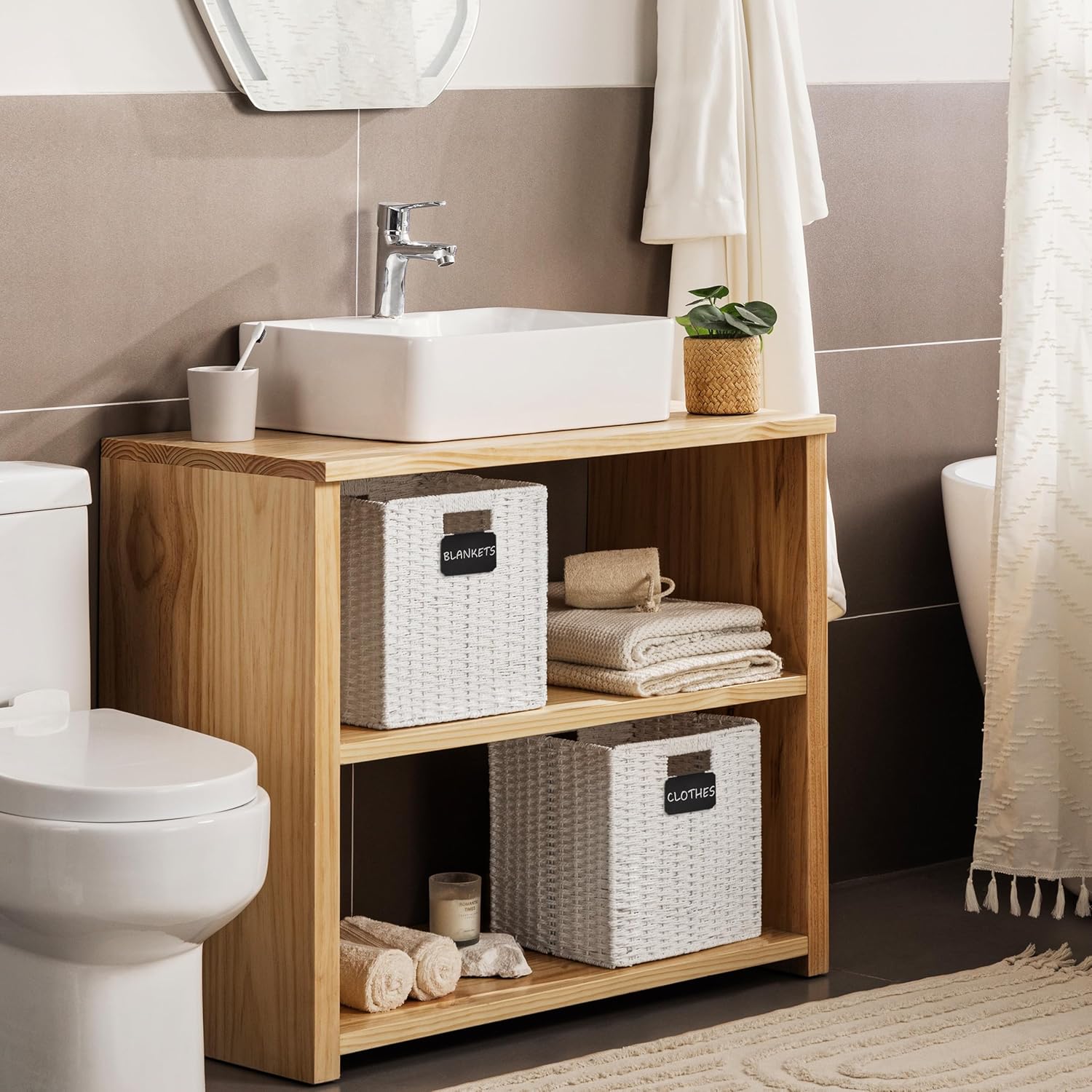 UBBCARE 2 Pack Wicker Basket, 10.5×10.5 Storage Cubes with Label, Foldable Cube Storage Bin with Handle, Square Storage Basket for Shelves, Woven Paper Rope Basket for Organizing, White