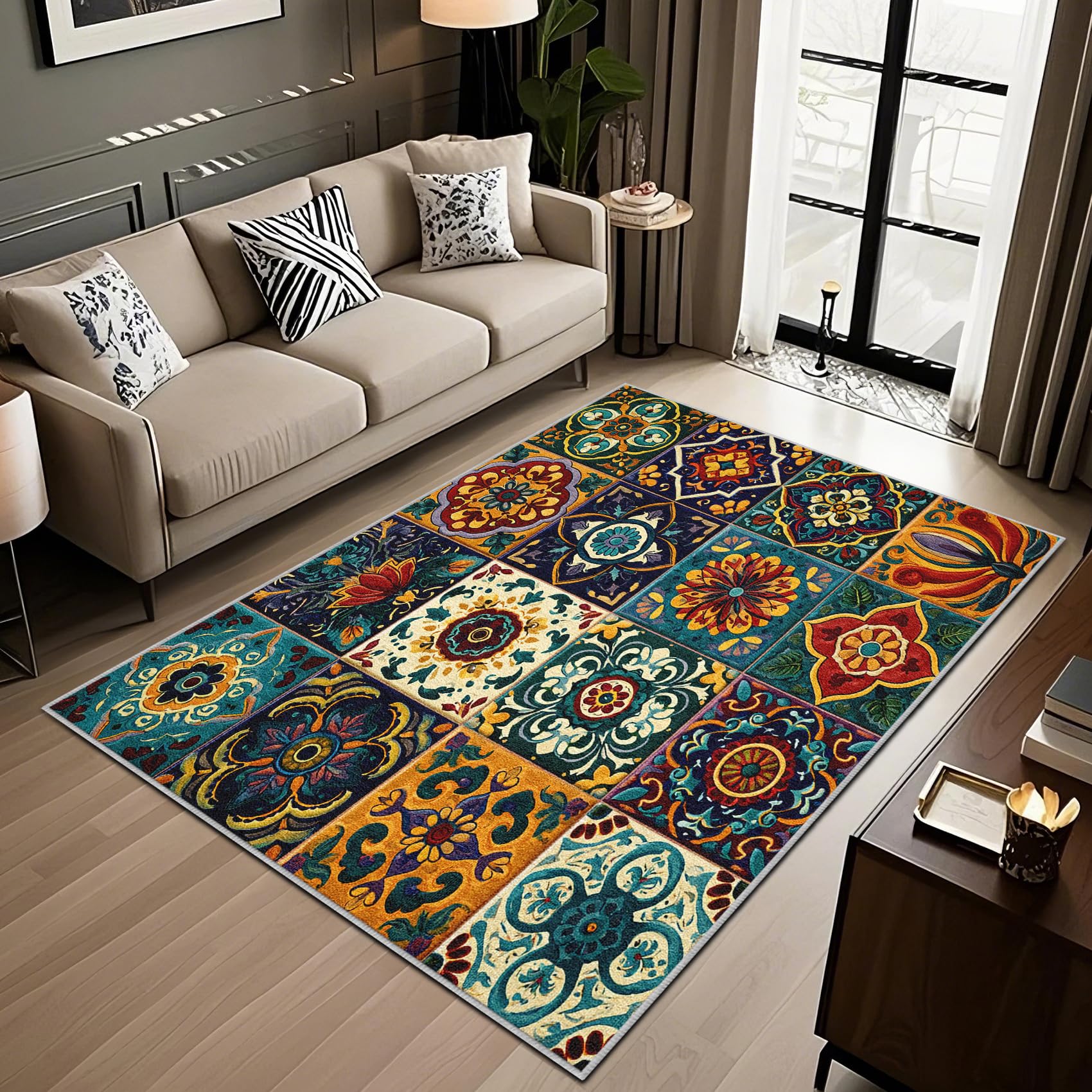 Tapis de salon motif feuille abstrait bohème doux et lavable pour réchauffer votre chambre