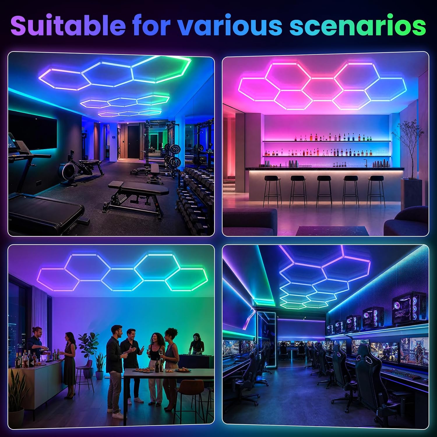 RGB Hexagon Lights with Remote & Music Sync –Honeycomb LED Wall Lights, 358+ Multi-Color Modes, Dimmable & Speed Adjustable for Gym, Game Room, Club, Bar, Party Decor