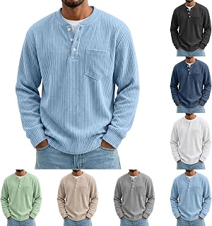 Mens Corduroy Shirt Henley Long Sleeve Button Down Pullover Shirts Pocket