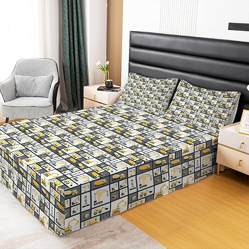 Miniatura 2 de Feelyou Hoja de construcción y falda de cama envolvente para niños y niñas, excavadora grúa, tractor, falda de cama plisada de maquinaria pesada de