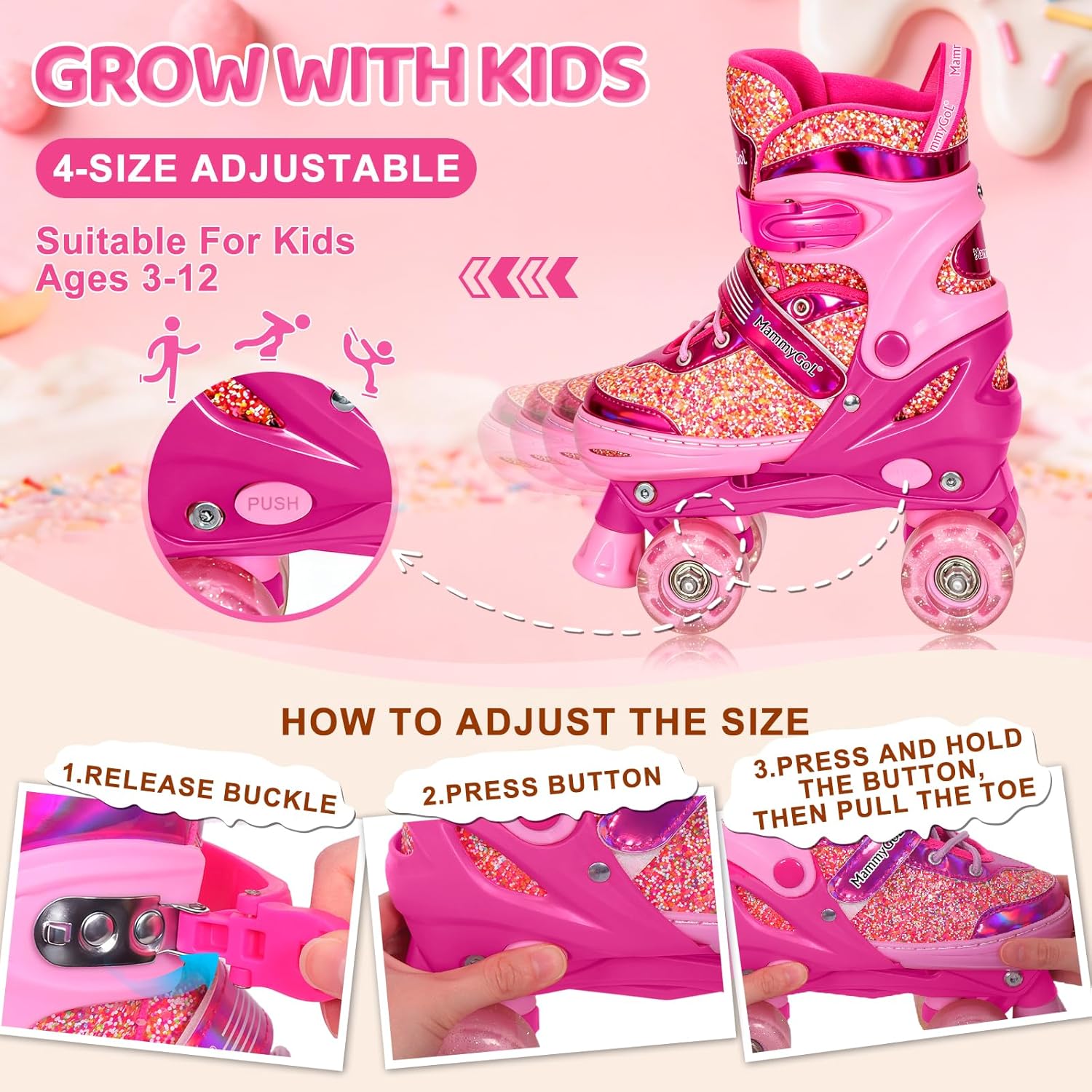 Mammygol Roller Skates for Girls, 4 Sizes Adjustable Quad Roller with Light up Wheels, for Children