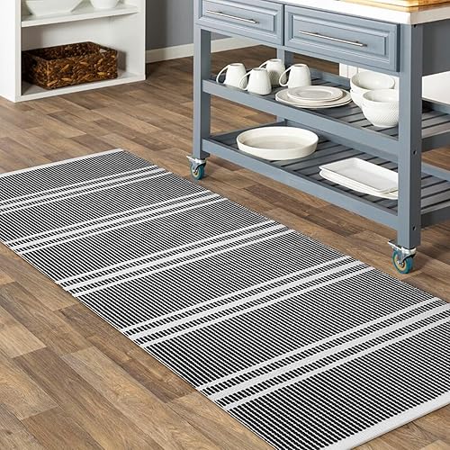 KIMODE Alfombra de cocina de 2 x 4.3 pies, lavable reversible, a rayas, para dormitorio, alfombra de algodón tejida a mano, moderna alfombra de