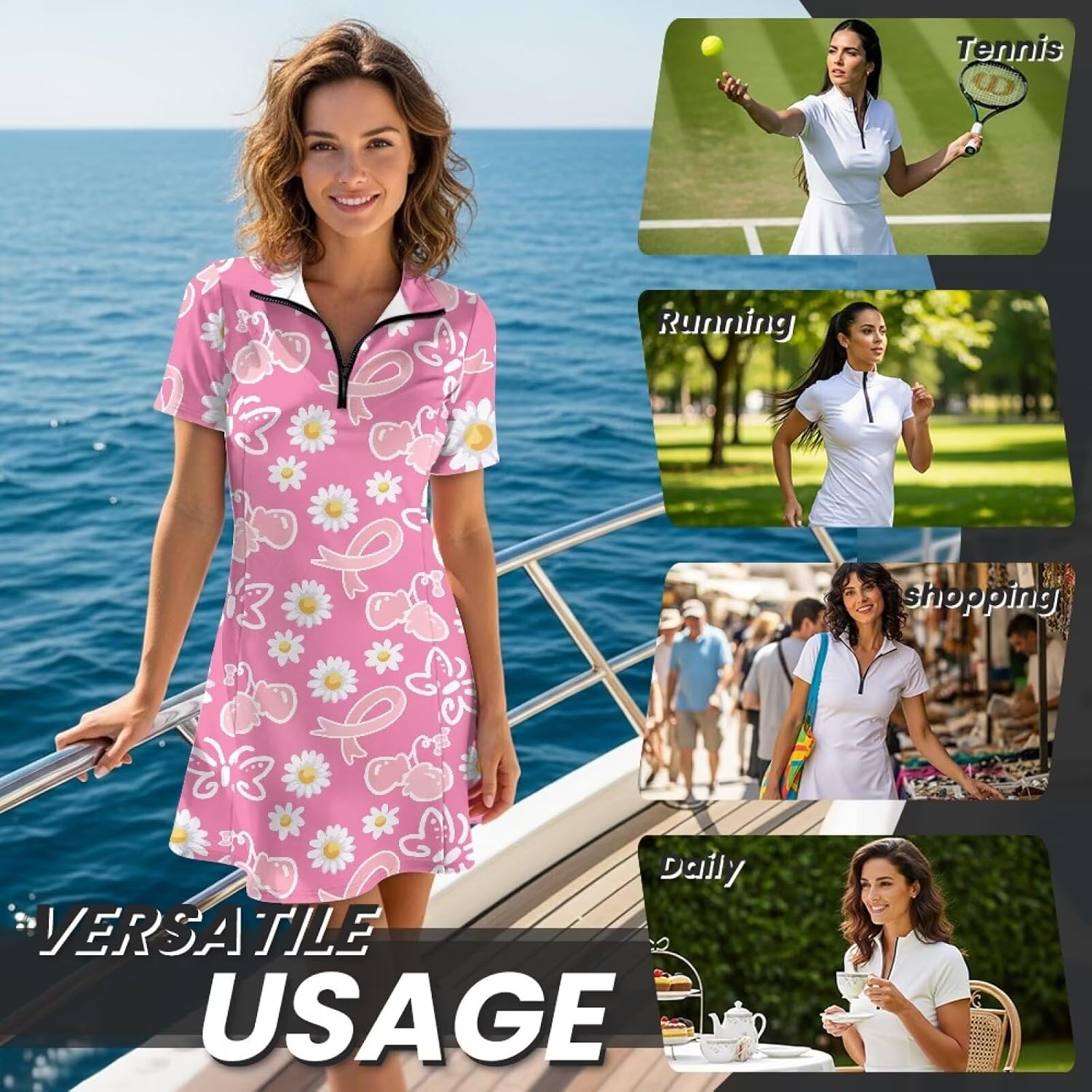 Tennis Dresses for Women Short Sleeve Zipper Athletic Dresses Workout Golf Dress with Shorts Pockets Plus Size