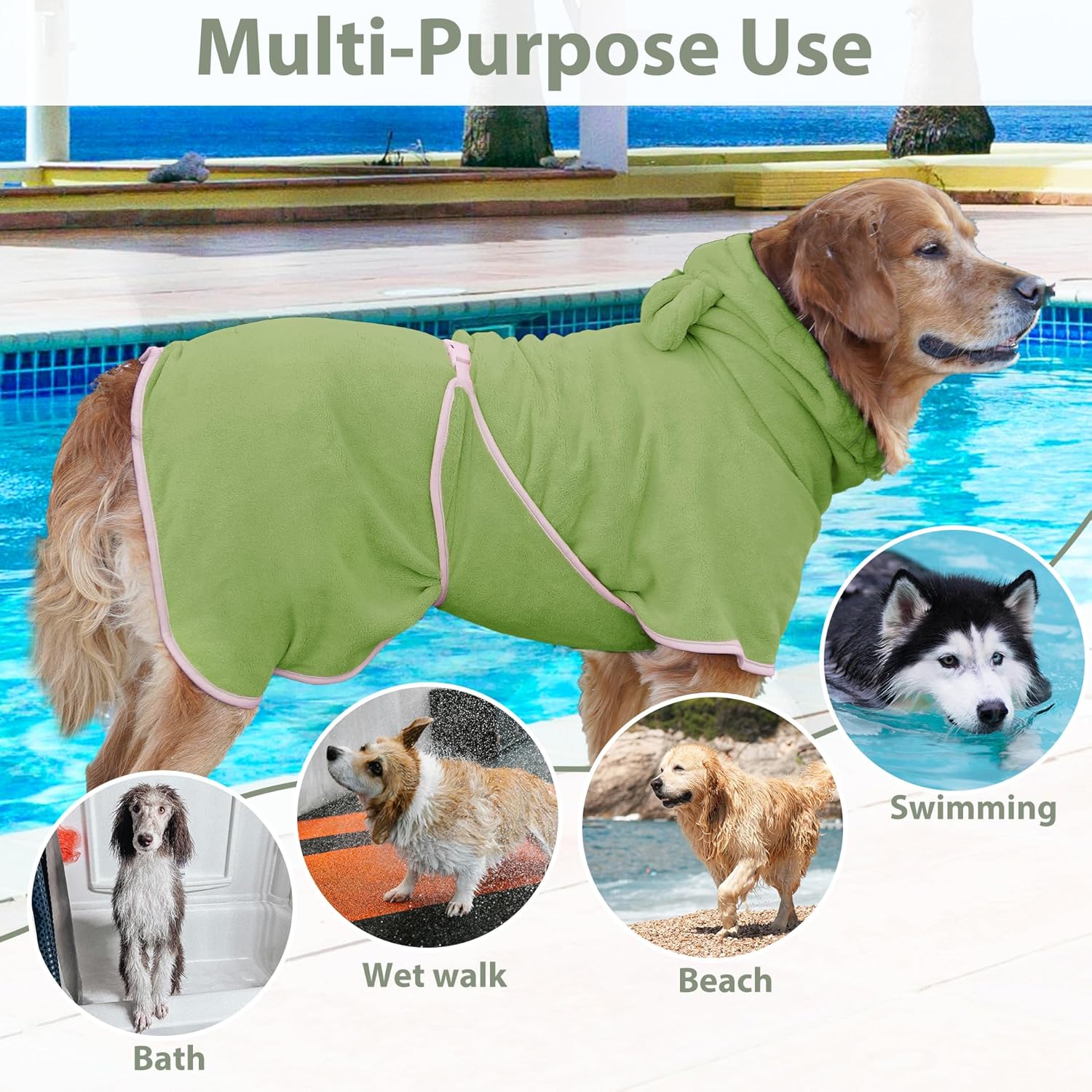 Dog Bathrobe Super Absorbent Towel Robe - Microfiber Bath Towels Fast Drying Coat for Dogs, Cute Dogs Clothes Adjustable Collar & Belly Strap Warm Keeping Hooded Dog Towel (Olive Green, XX-Large)