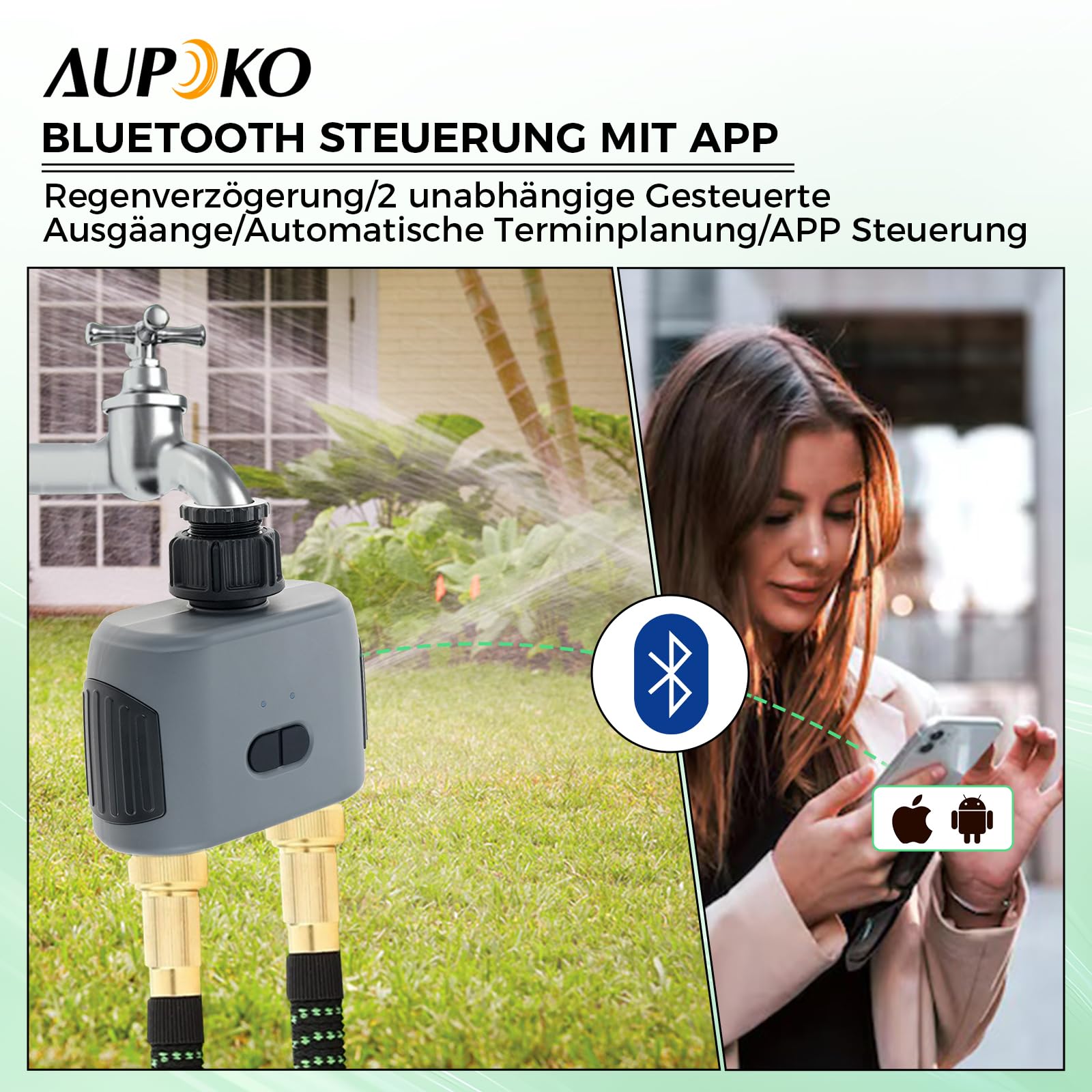 Aupoko Bewässerungscomputer mit 2 Ausgängen, Smart Bewässerungsuhr mit Bluetooth & App Steuerung, Wasserzeitschaltuhr mit IP55 Schutz, 2-Zonen-Bewässerungstimer für Garten, Landwirtschaft