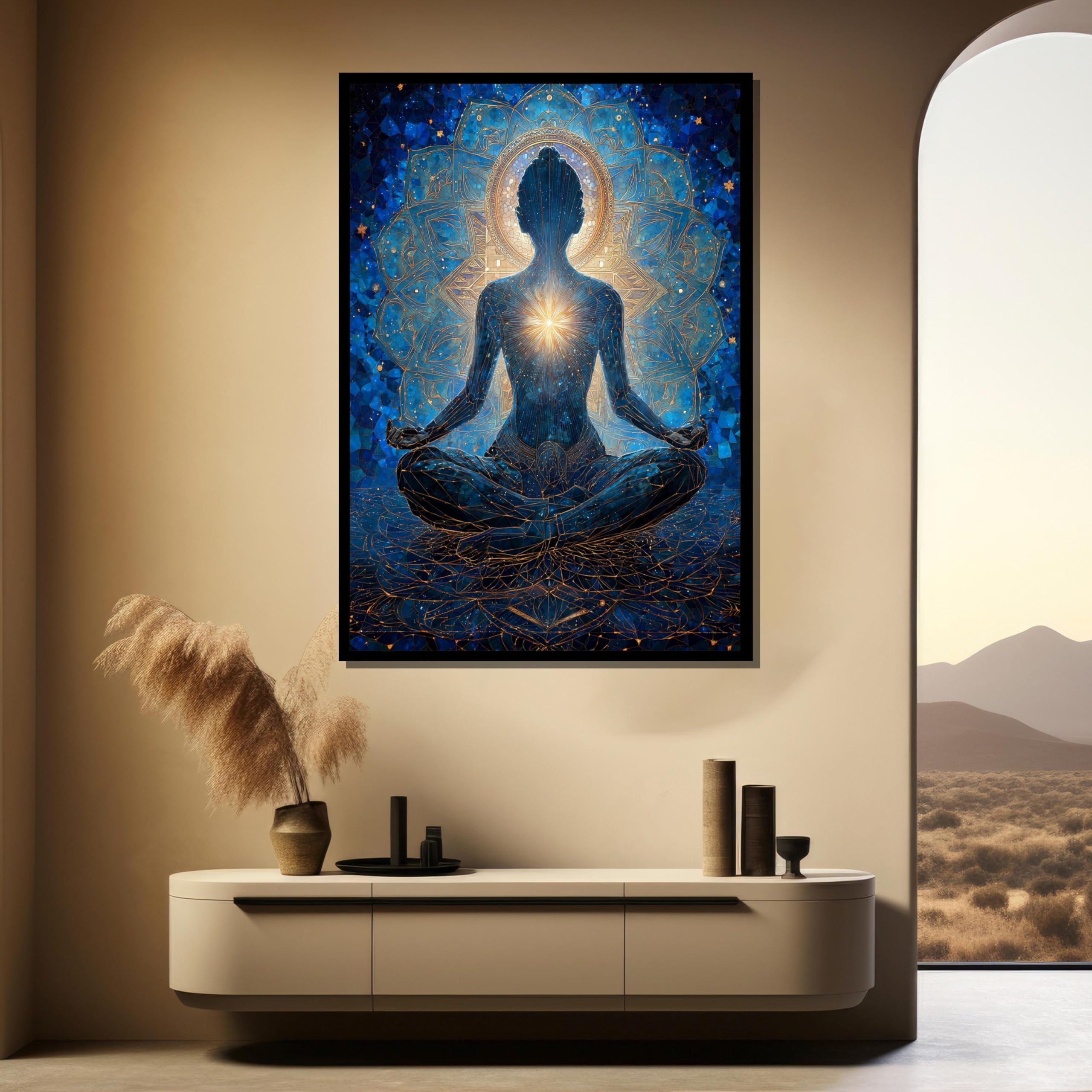 YUSUZHU Quadro su tela Meditazione Cosmica - Figura dell'Energia dei Chakra, pronto da appendere per interni spirituali, boho o yoga (40x60 cm/cornice interna)