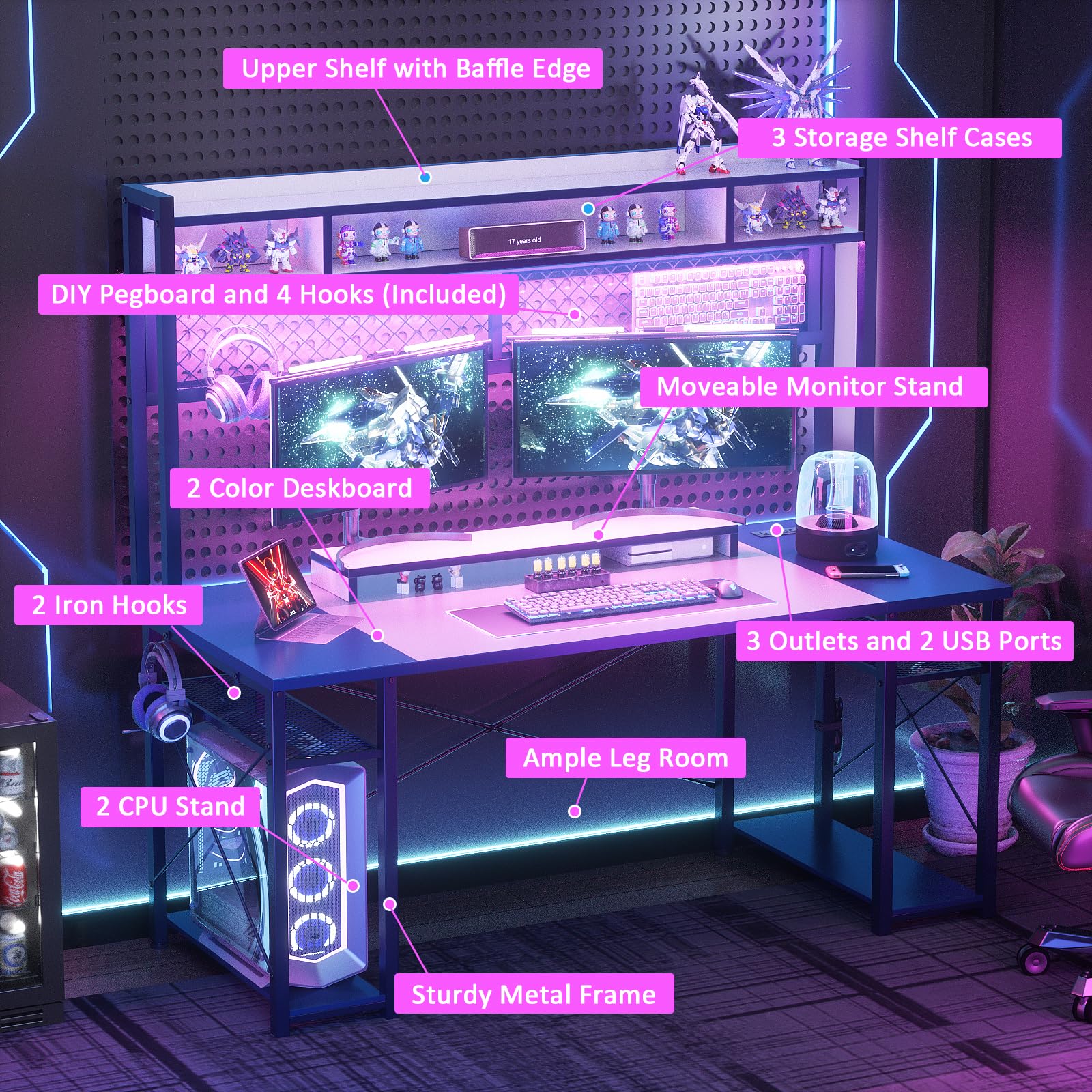 Upgrade Gaming Desk with Hutch, 55.2'' Magic Computer Desk with LED Lights and Outlets, Reversible Workstation Desk with Pegboard and Monitor Stand, Gamer Desk PC Table, White and Blue