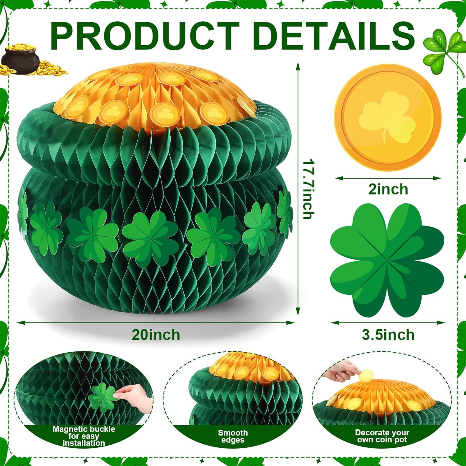 20'' Extra Large St. Patrick's Day Green Pot of Gold Honeycomb Centerpiece 3D Paper Leprechaun Cauldron with Gold Coins Shamrock Centerpiece Irish Golden Coin Pot Reusable Decor