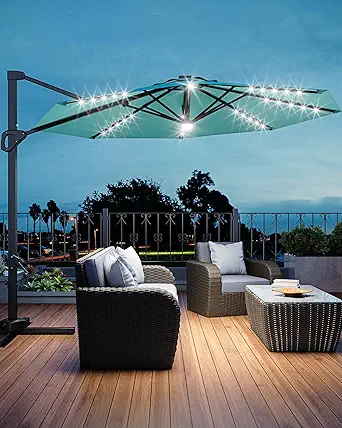 GarveeLife 10FT Patio Umbrella Outdoor Solar LED Large Cantilever Umbrella Market Sun Shade Windproof Offset Umbrella with 360-Degree Rotation for Garden Deck Pool Patio