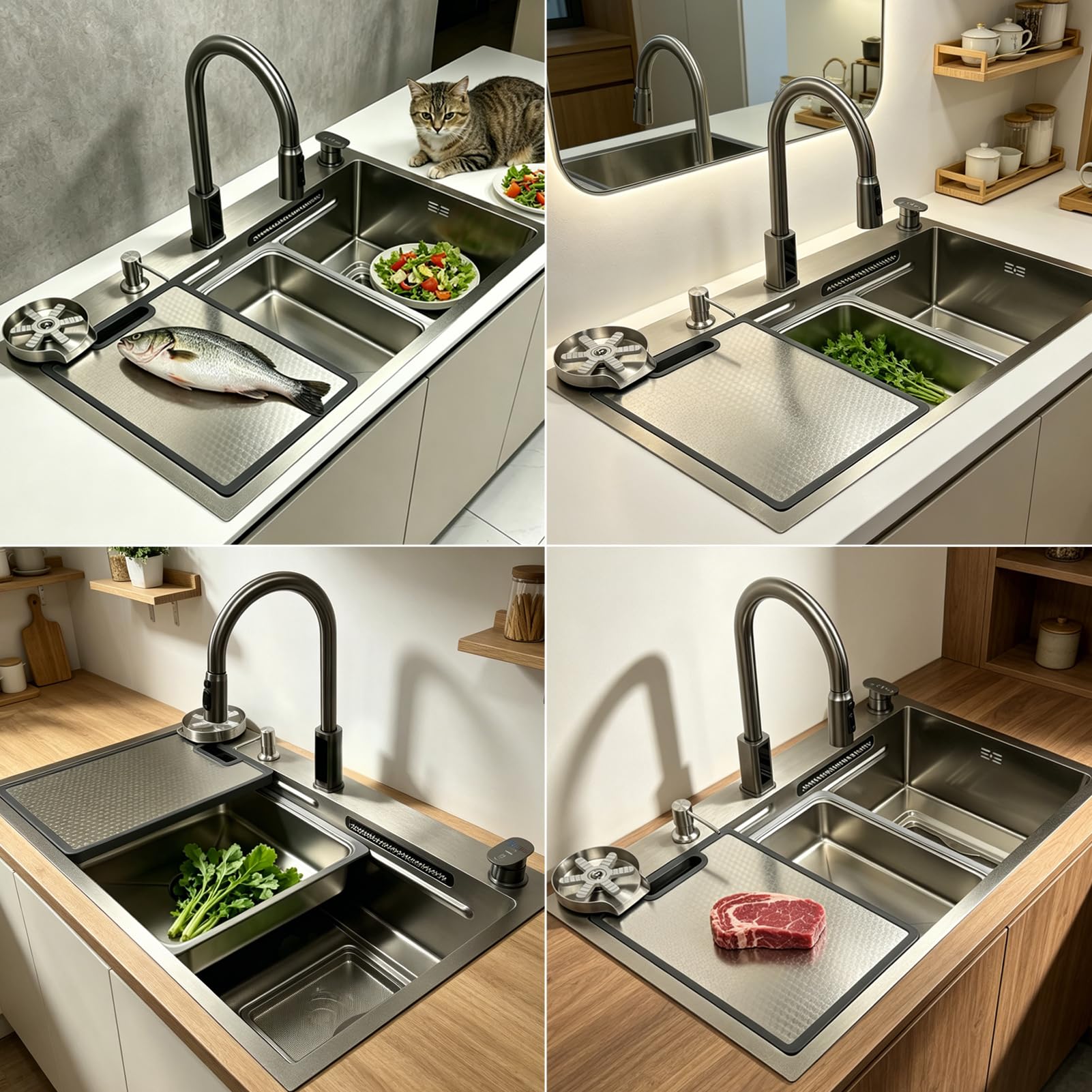 Lavello da cucina a cascata, 90 x 50 cm, con indicatore della temperatura, in acciaio inox 304 spazzolato, lavello multifunzione con manopola, dispenser di sapone, lavello per bicchieri, tagliere e