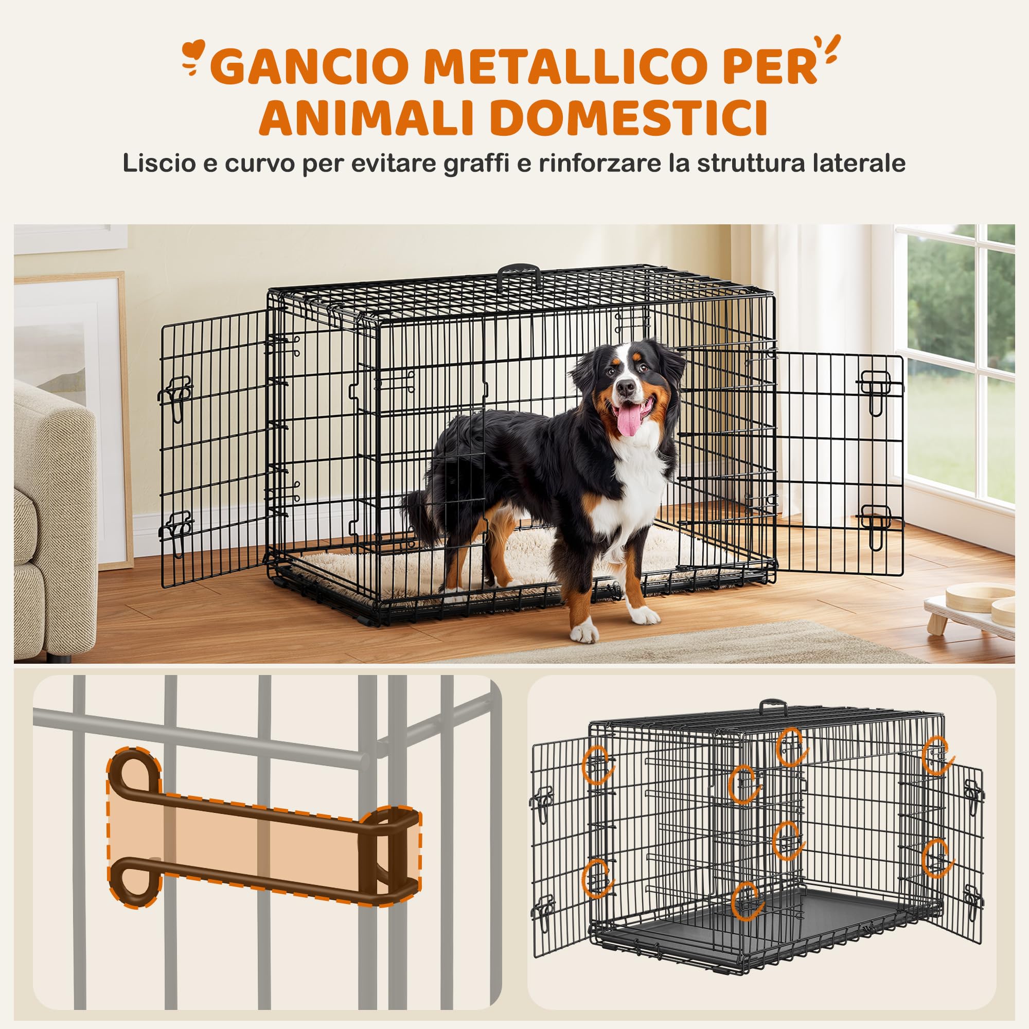 Yaheetech Gabbia per Cani Gatti Kennel in Metallo Cuccioli Pieghevole con Vassoio Rimovibile Doppia Porta e Divisorio Regolabile 122,5 × 73 × 80 cm Nero