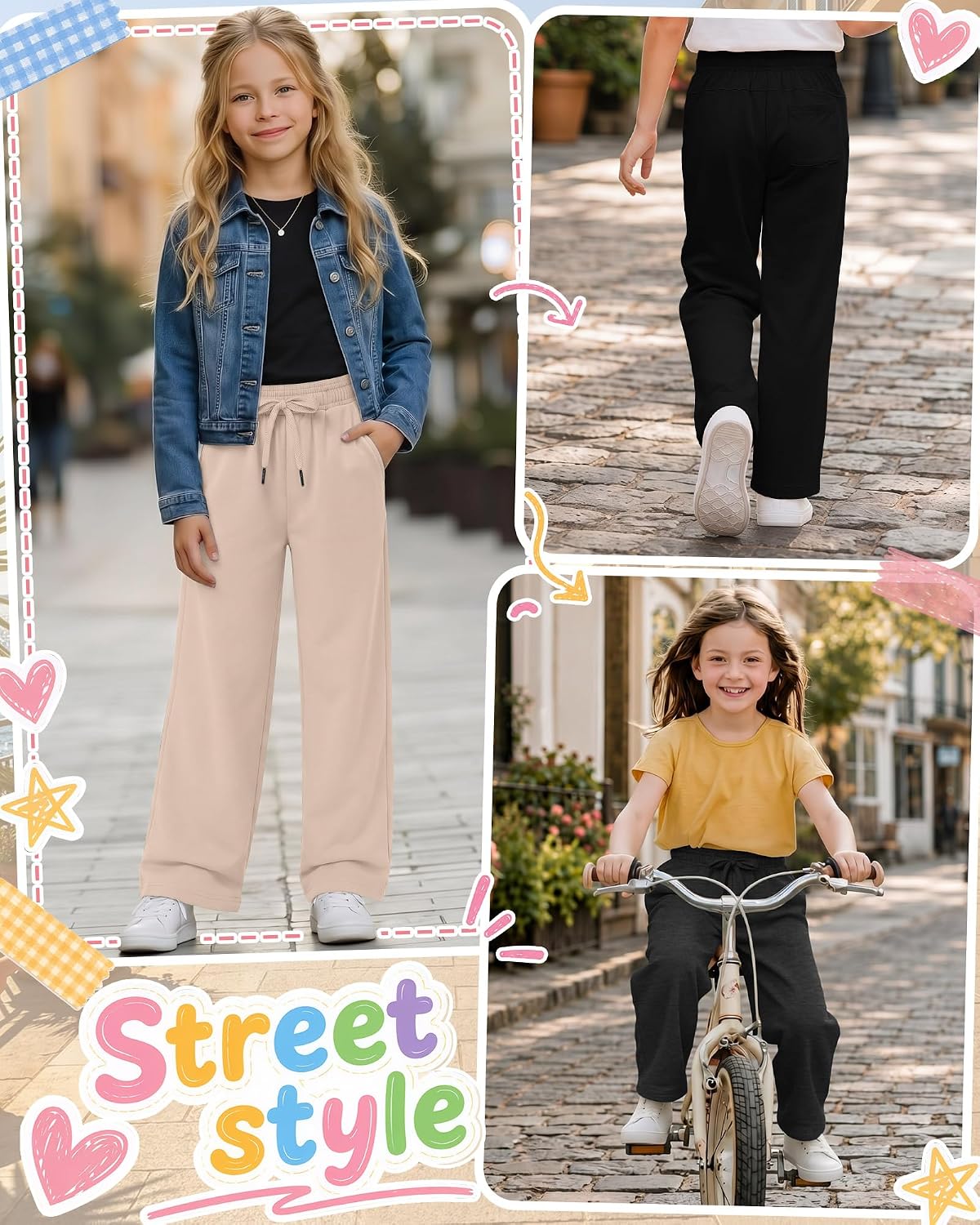 4 Pack Girls Sweatpants Kids Wide Leg Pants Baggy Drawstring Sweat Pants Athletic Clothes with Pockets 5-14 Years