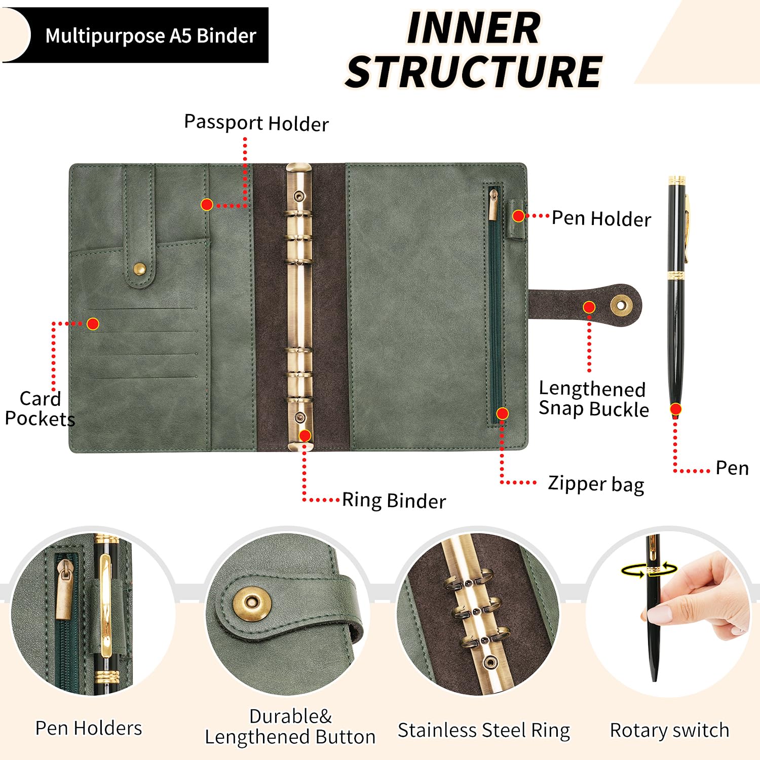 Wonderpool Ringbuch Notizbuch A5 Nachfüllbar Leder Tagebuch Organizer Binder Ordner mit Taschen Liniertes Papier Stift für Büro Schule Geschäft Reisen Planung Schreiben (Grün,A5)