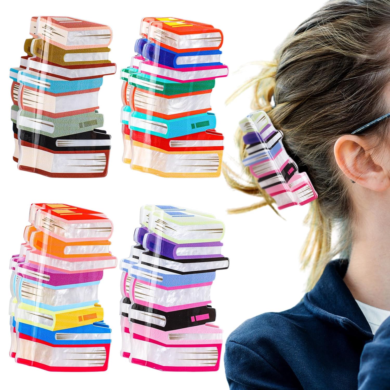 4 Pack Book Lover Gifts for Women Book Claw Hair Clips Women Bookish Gifts Cute Bookstack Teacher Hair Clips Reading Bookclub Party Favors for Booklover Librarian Bookworm Readers