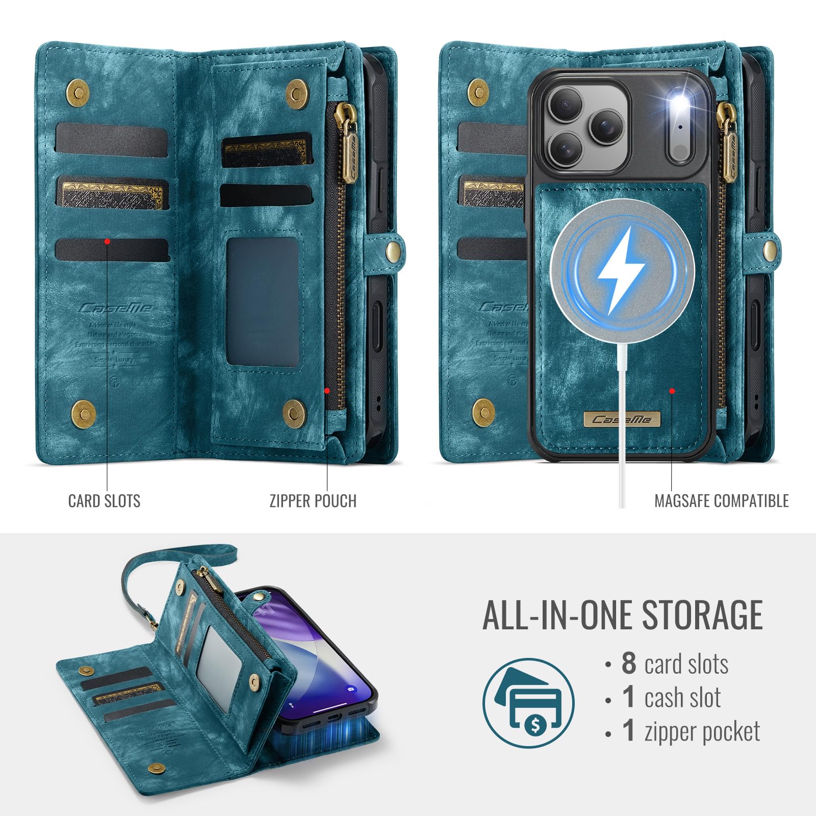 Funda Cartera Magnética Desmontable de Piel para iPhone 17 Pro MAX - Antigolpes y Multifunción con Soporte, Ranuras para Tarjetas, Carga Inalámbrica y Correa Extraíble, Azul