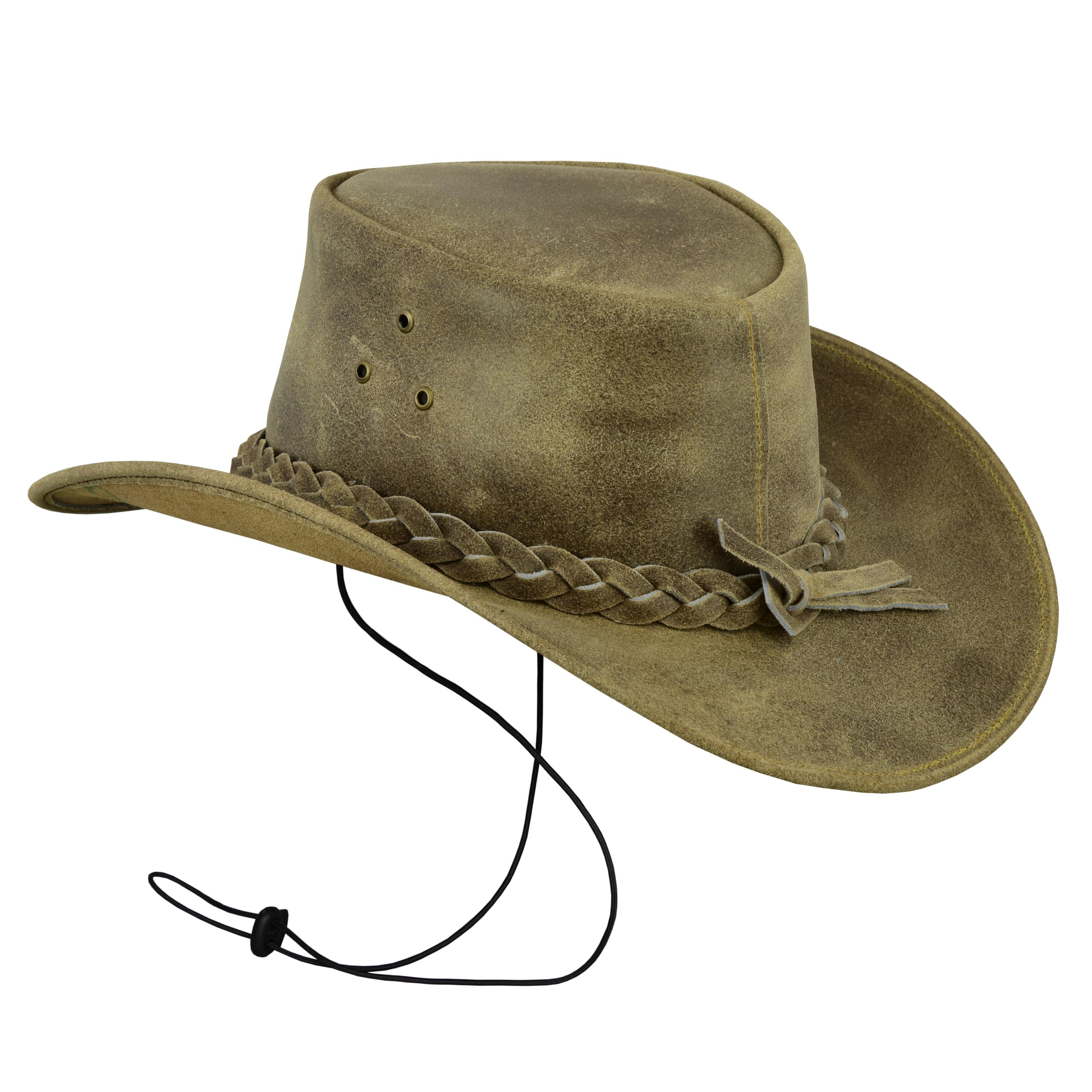 LeatherickSombreros de Vaquero para Hombre - Estilo Australiano Occidental Sombreros de Piel de Caballo Loco Real con Correa para la Barbilla marrón Claro