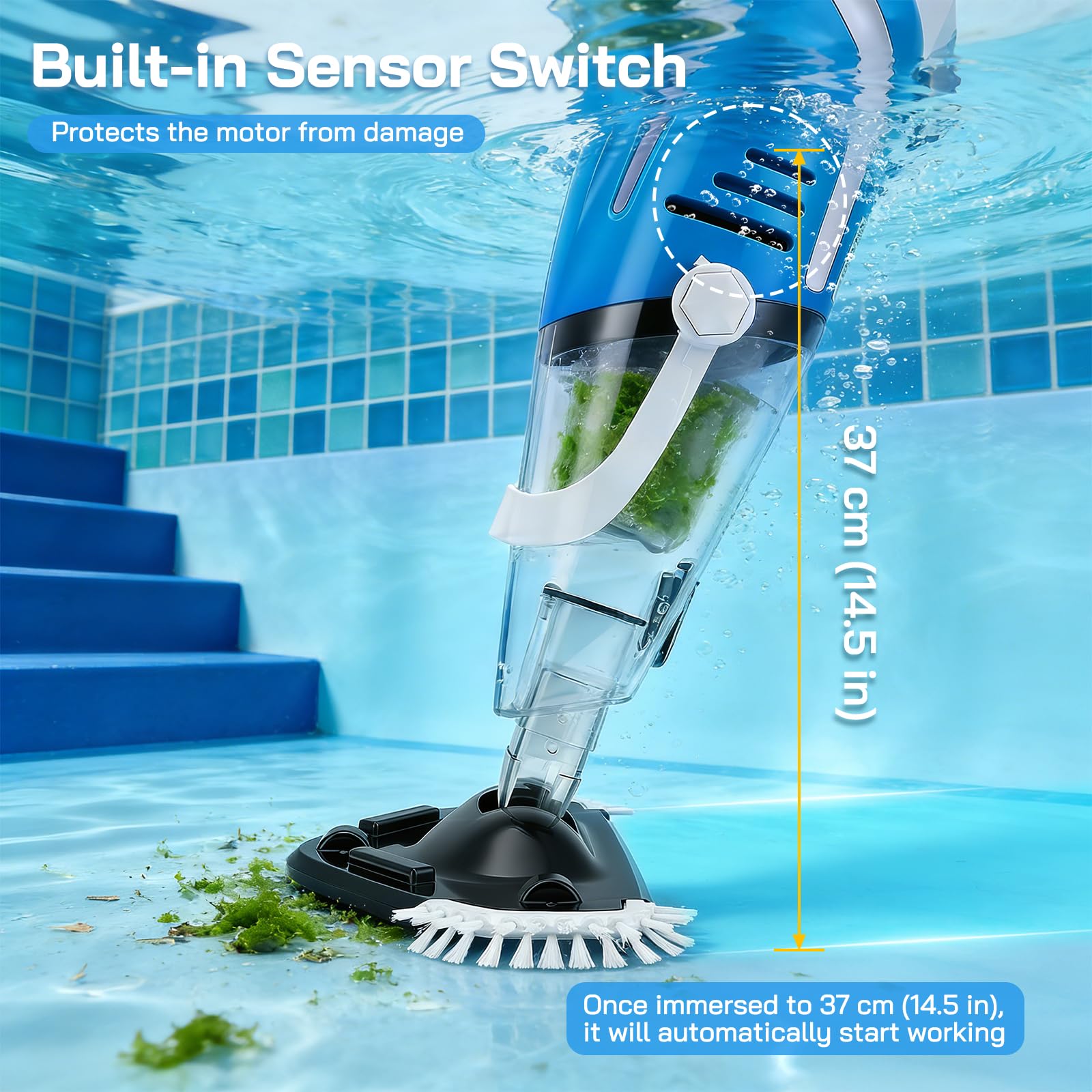 Aspirateur Piscine sans Fil 40L/Min, Démarrage Automatique par Immersion, Perche Télescopique 139-199cm, 2 Sacs Filtres Inclus pour Petites Piscine, Jacuzzi, Spa
