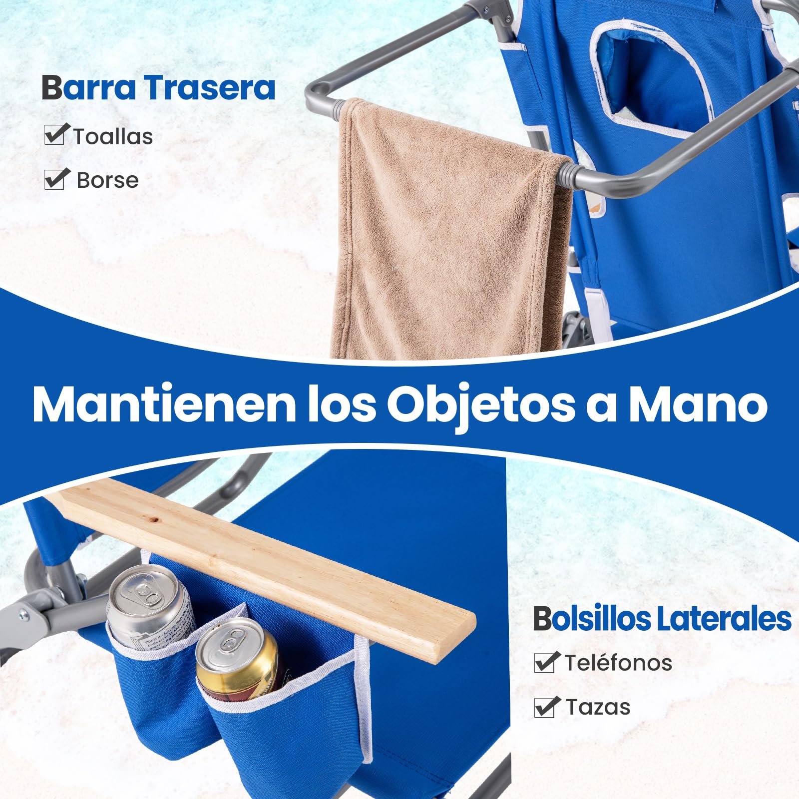 GOPLUS Silla de Playa Reclinable 4 Positions con Reposapiés, Tumbona Plegable de Piscina con Agujero para Cara, Respaldo Ajustable, Bolsillos,Toallero, hasta 150 kg, 66 x 100x 98 cm(Azul Marino)