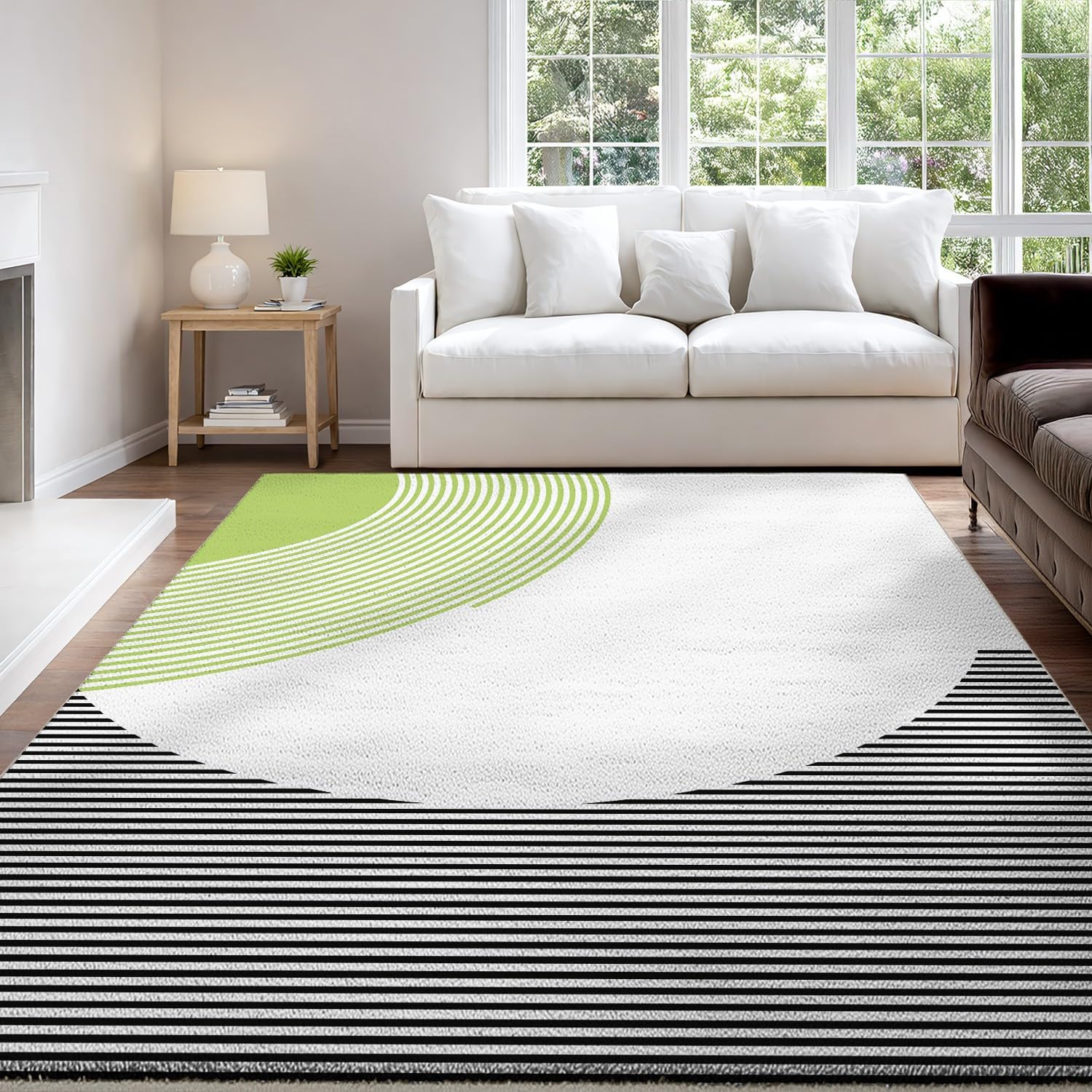 Ogólny nowoczesny dywan, 150 x 180 cm, sportowy dywan, geometryczny, świeże paski, antypoślizgowy, nie mechaci się, czarno-zielony dywan do salonu, sypialni, kuchni i jadalni, można prać w pralce