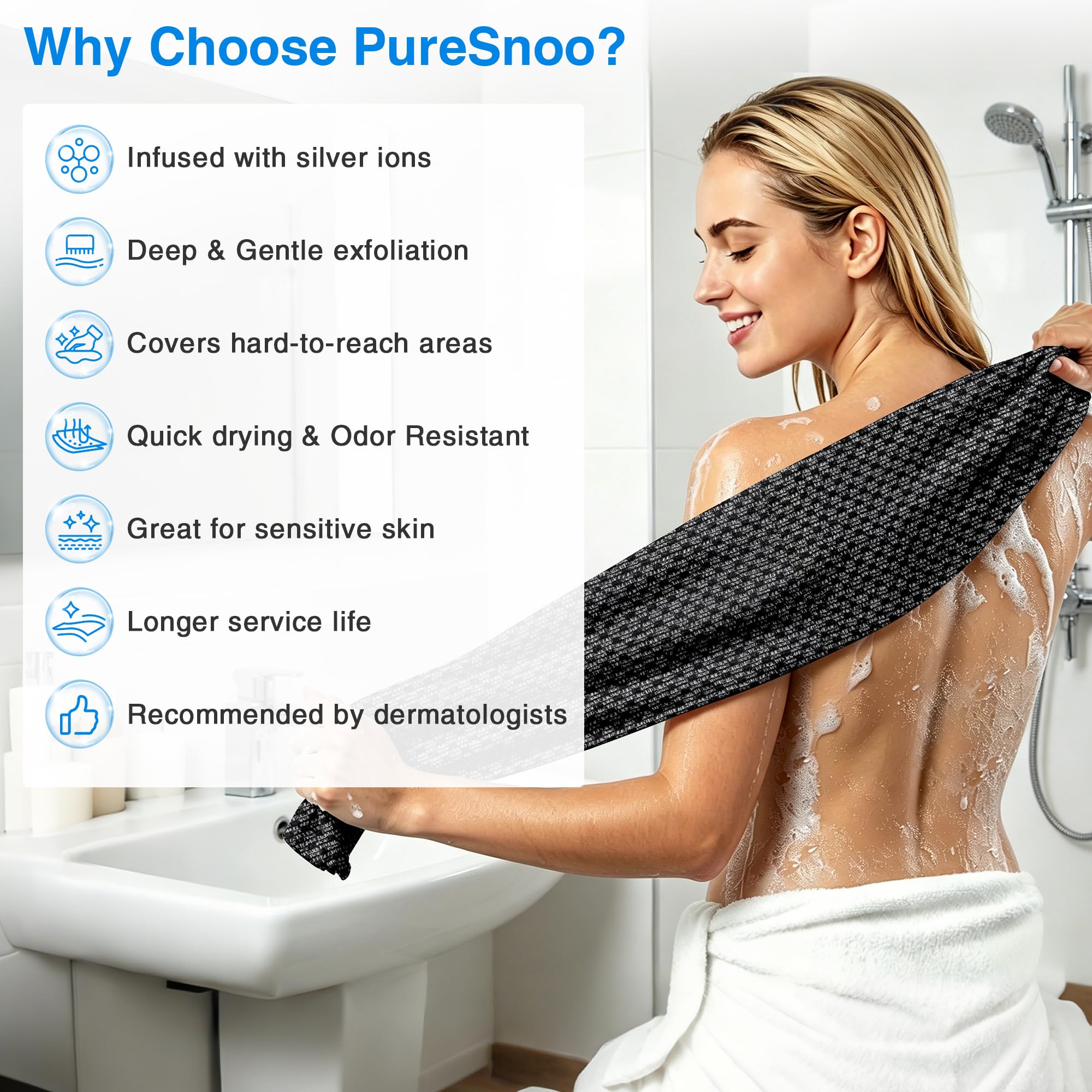 Blissal Exfoliating Bath Towel, Silver Ion Body & Back Scrubber, Black