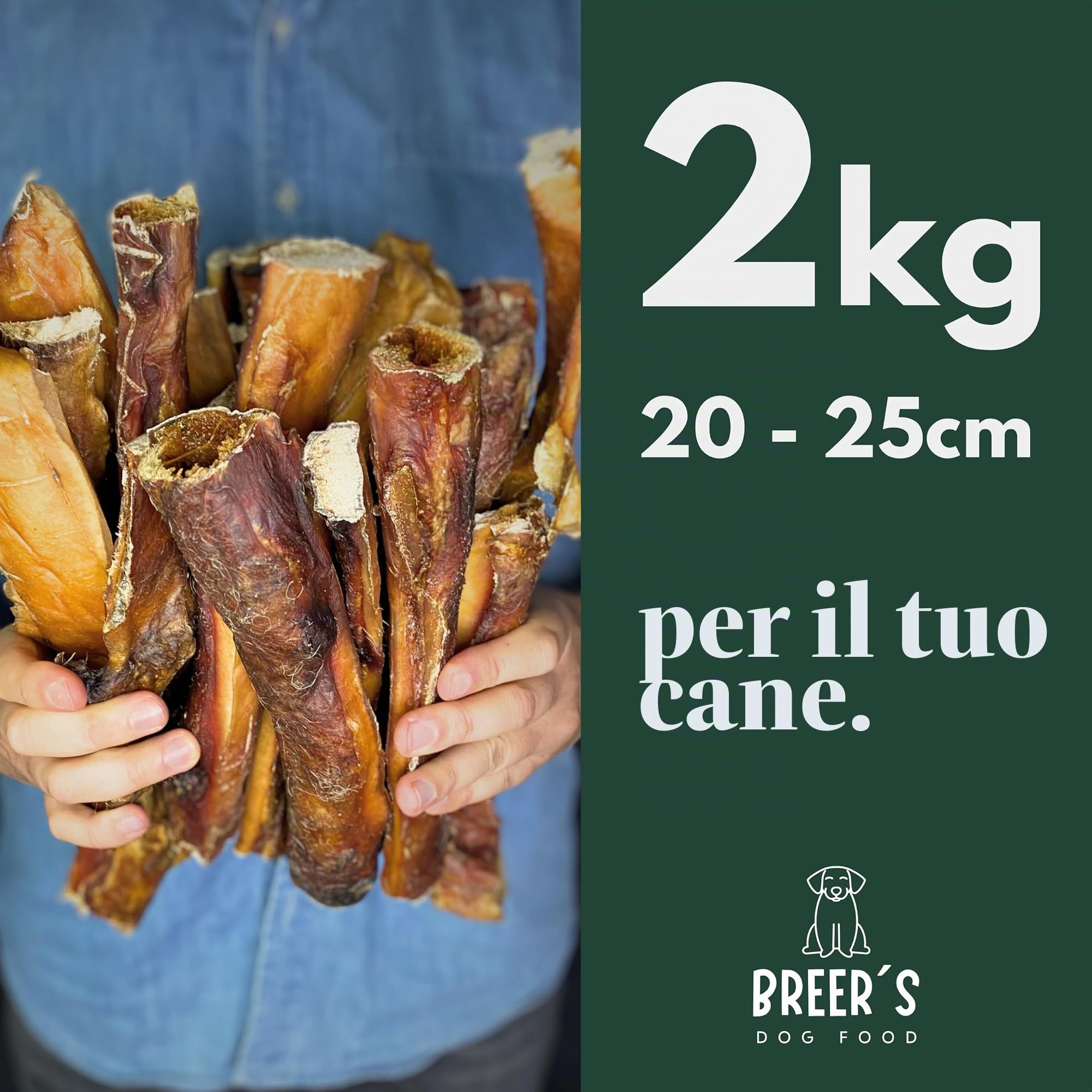 BREERs - Cuoio capelluto secco per cani, 25 cm, 2 kg, senza cereali, produzione tedesca, articolo da masticare per cani di taglia grande