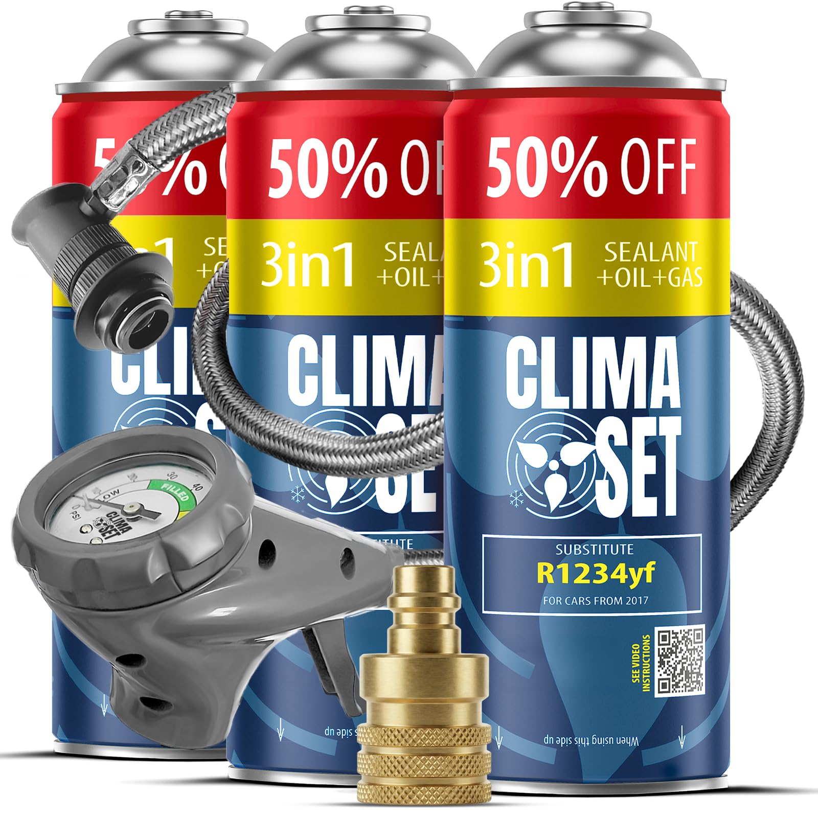 CLIMASET - Klimaanlage Auto Befüllen - Klima Auffüllen Auto Set - 3X 3in1 R1234yf + Schlauch + YF-Adapter - für Fahrzeuge nach 2016, mit Modernem Schlauch & Manometer, Einfaches Nachfüllen