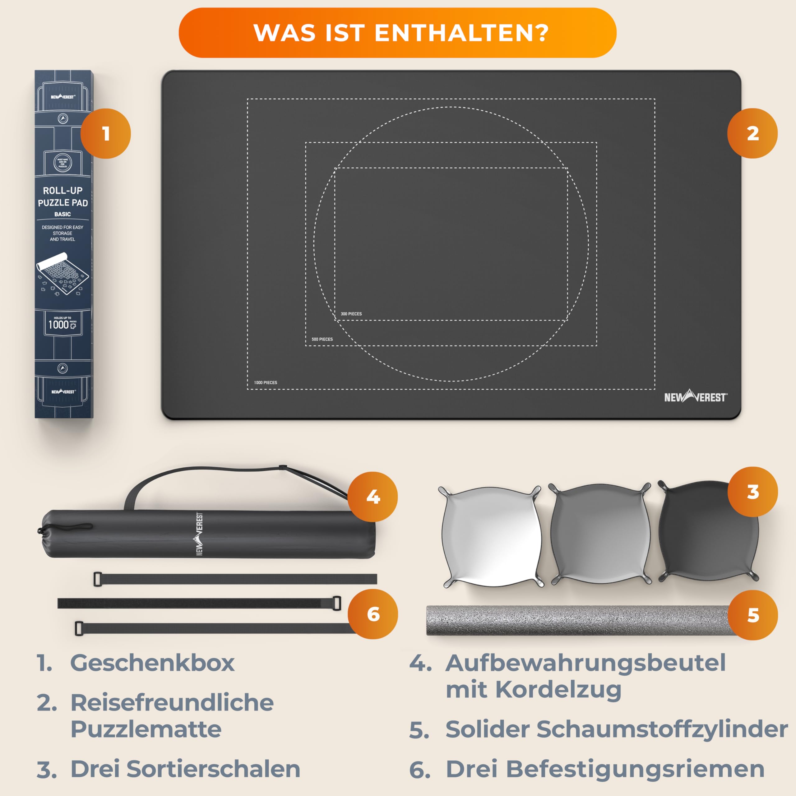 Newverest Puzzlematte zum Aufrollen 100 x 60 cm – Für bis zu 1000 Teile, rutschfeste Unterseite & Glatte Oberfläche + 3 Sortierschalen & Tragetasche für Reisen