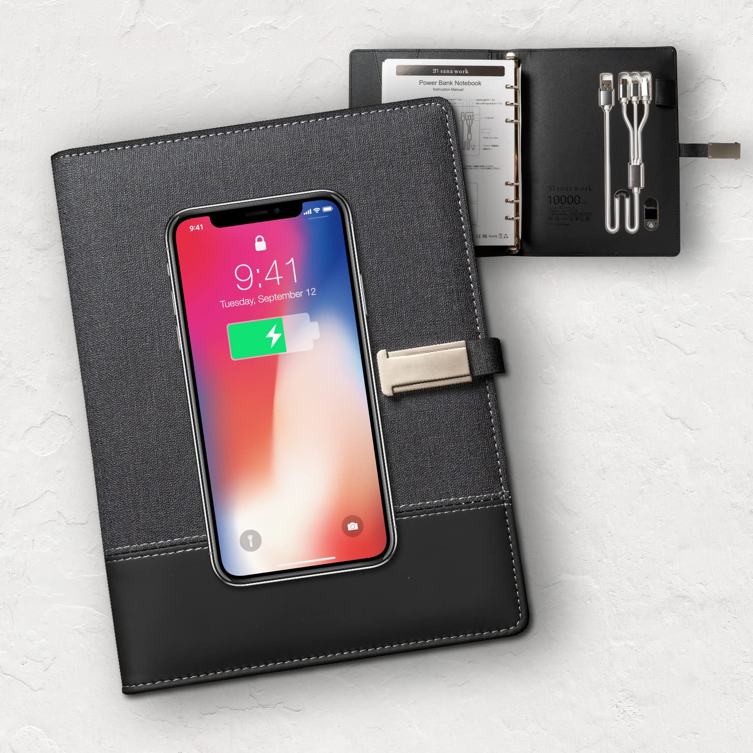 Amazon.co.jp: sana work システム手帳 A5 10000mAh バッテリー内蔵 Qi