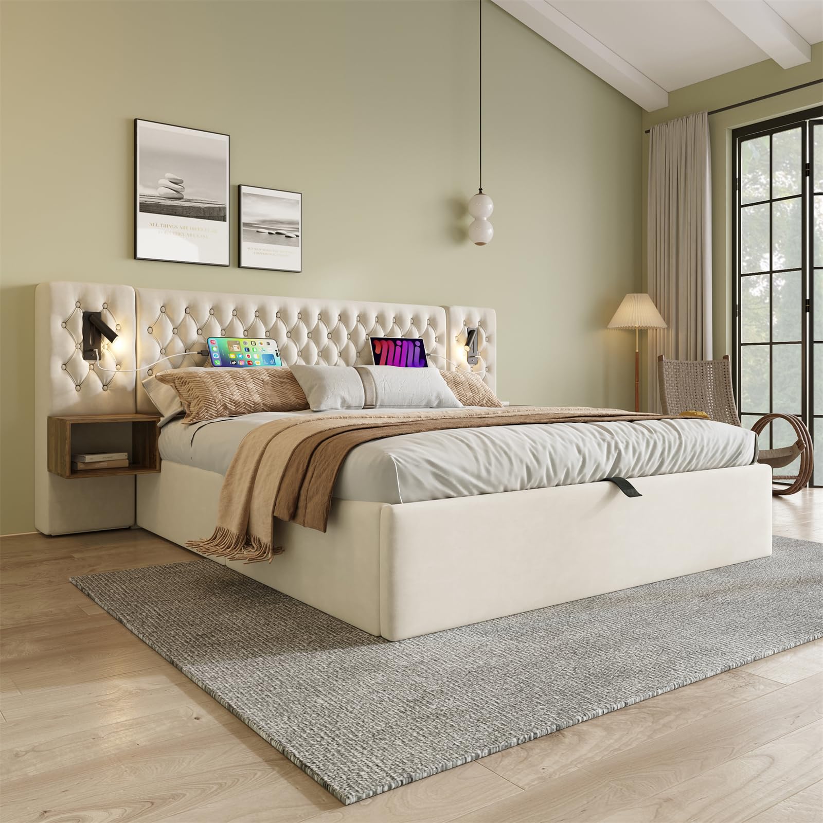 Ensemble Complet de Lit pour Chambre à Coucher, Lit Double, 160 x 200 cm, lit de Rangement hydraulique, avec 2 Tables de Chevet, Lampe de Lecture avec Fonction de Charge USB, Beige,(sans Matelas)