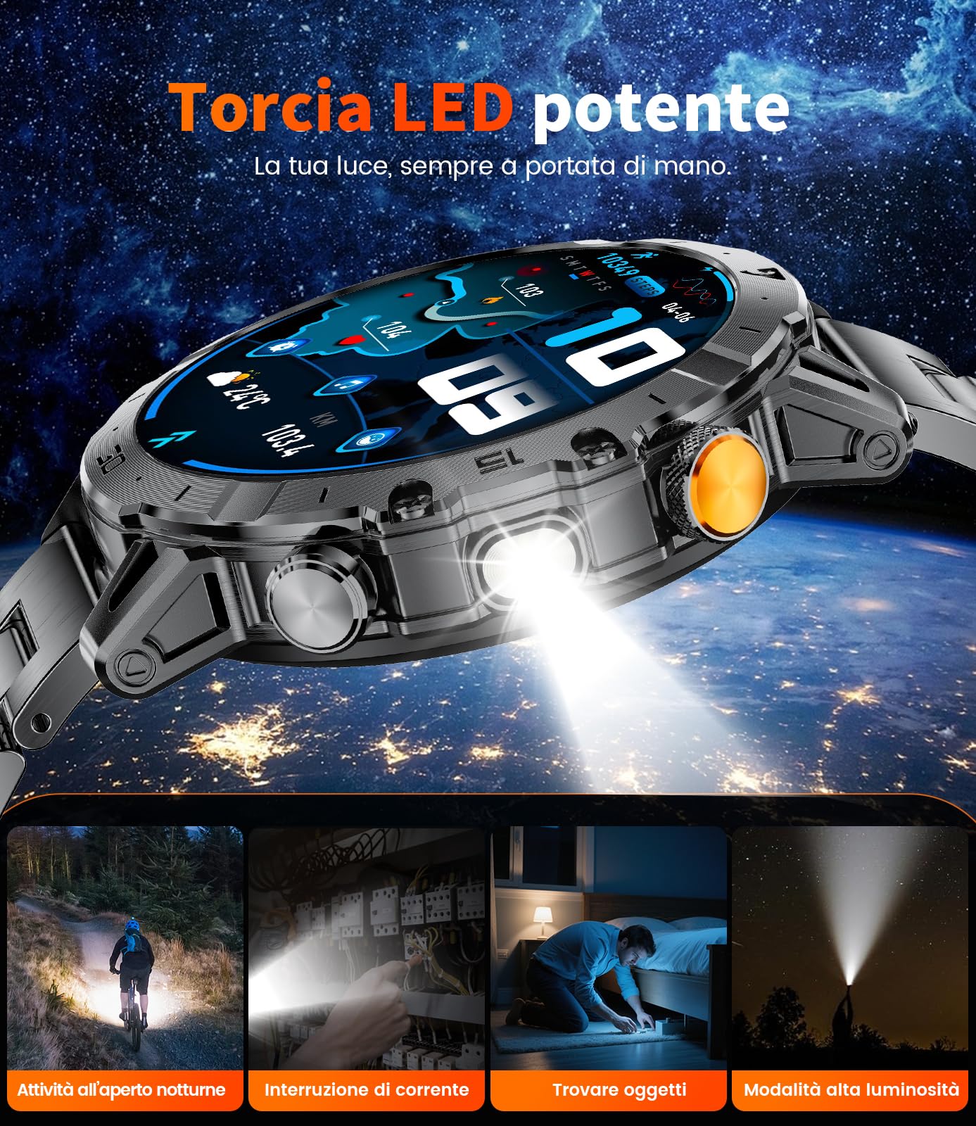 Smartwatch Uomo 1,85'' Display HD, Torcia LED, Batteria 1000mAh, 100+ Modalità Sport, IP68 Impermeabile, Cardiofrequenzimetro e Monitor Sonno, Bluetooth Android iOS, Nero