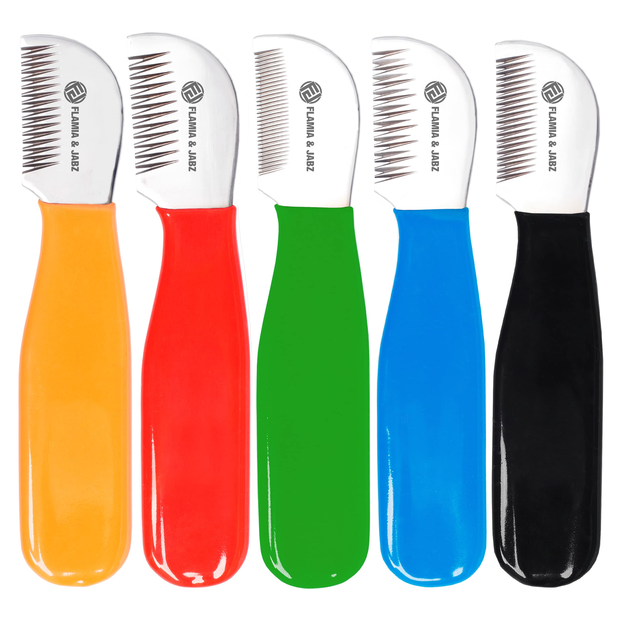 FLAMIA & JABZ Professionelles Fellpflegemesser-Set für Hunde mit Kreuzzähnen (5-teiliges Set mit Rechtshänder-Abisolierwerkzeugen mit weichem PVC-Griff und glänzenden Edelstahlklingen)