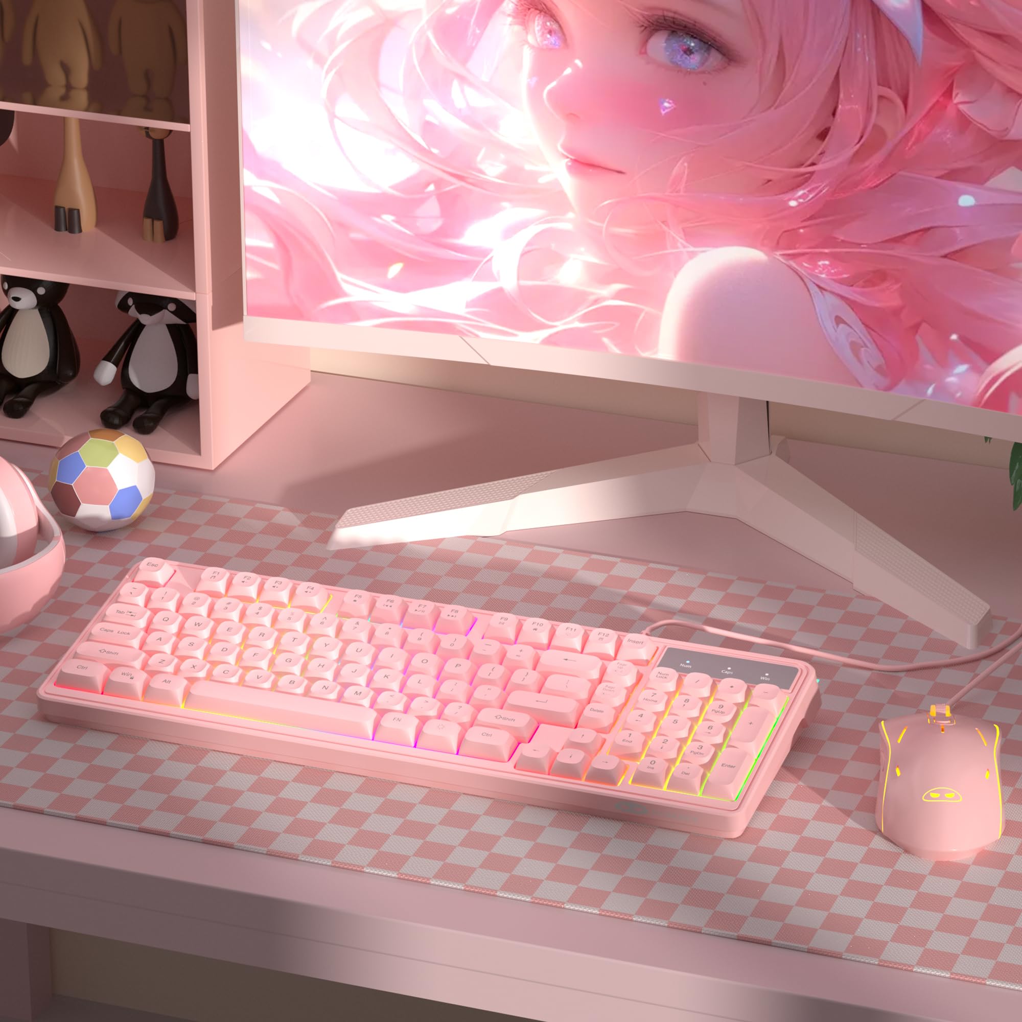 MageGee GK980 - Tastiera e mouse combinati, con retroilluminazione RGB cablata e mouse da gioco rosa, tastiera per PC e mouse con sensibilità regolabile per PC/loptop/MAC